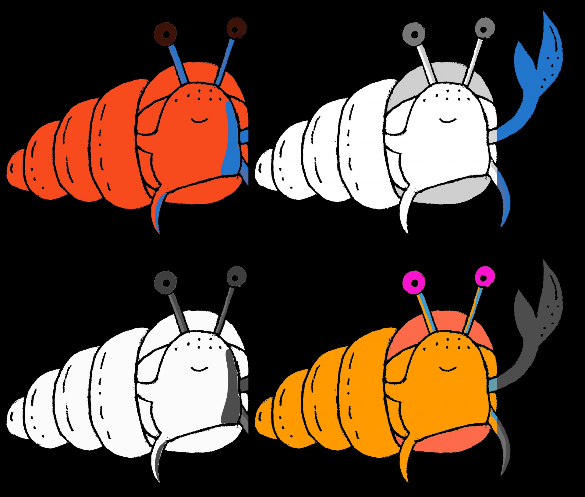 grid of four different colored cute crabs
