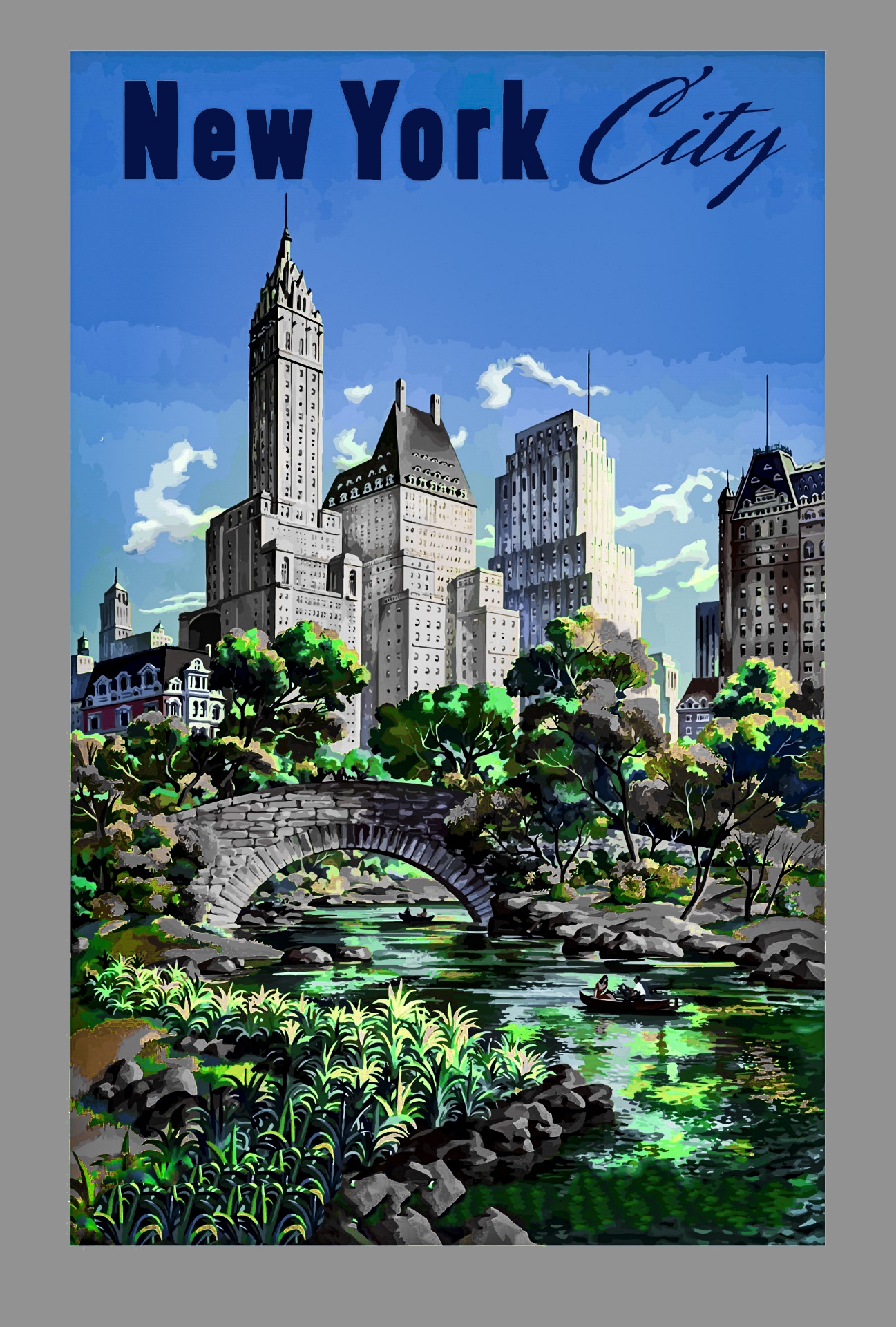New York City and green garden water flow and bridge view