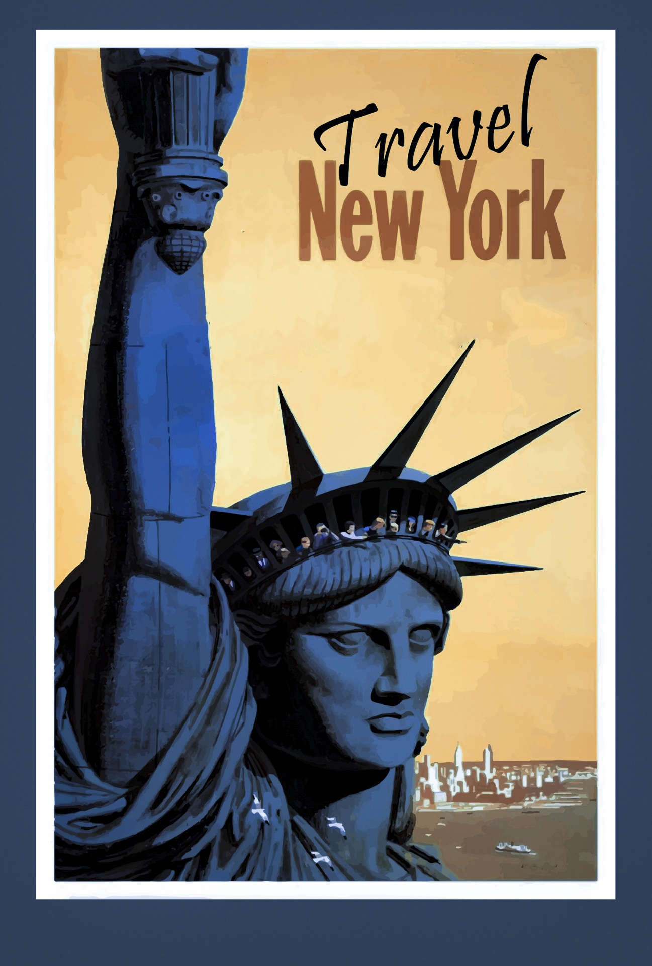 Vintage Travel Poster remix color New York and Lady Liberty