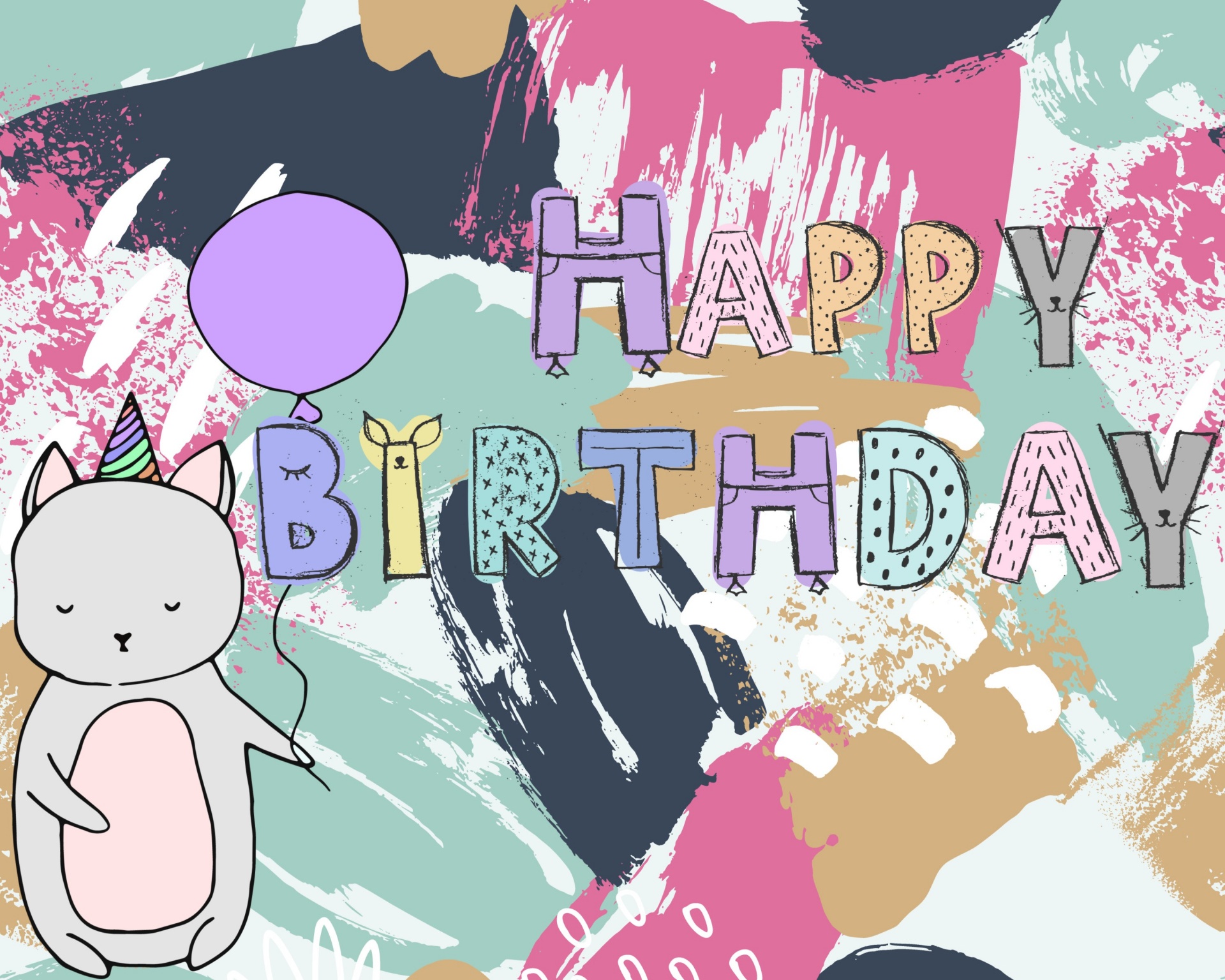 birthday greeting for a kid featuring a cartoon cat holding a balloon