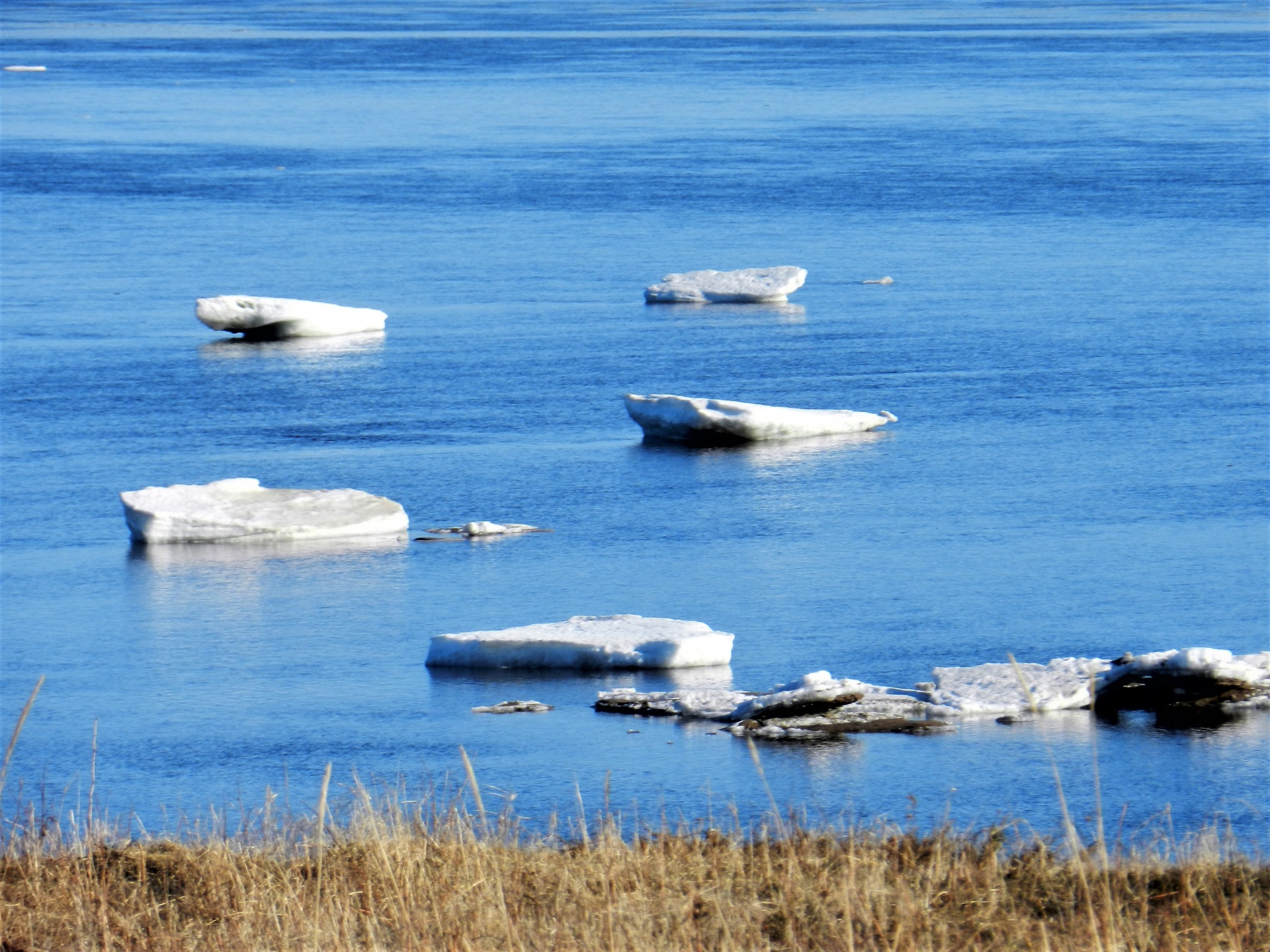 Ice blocks on blue water in Aguanish, Quebec, Canada