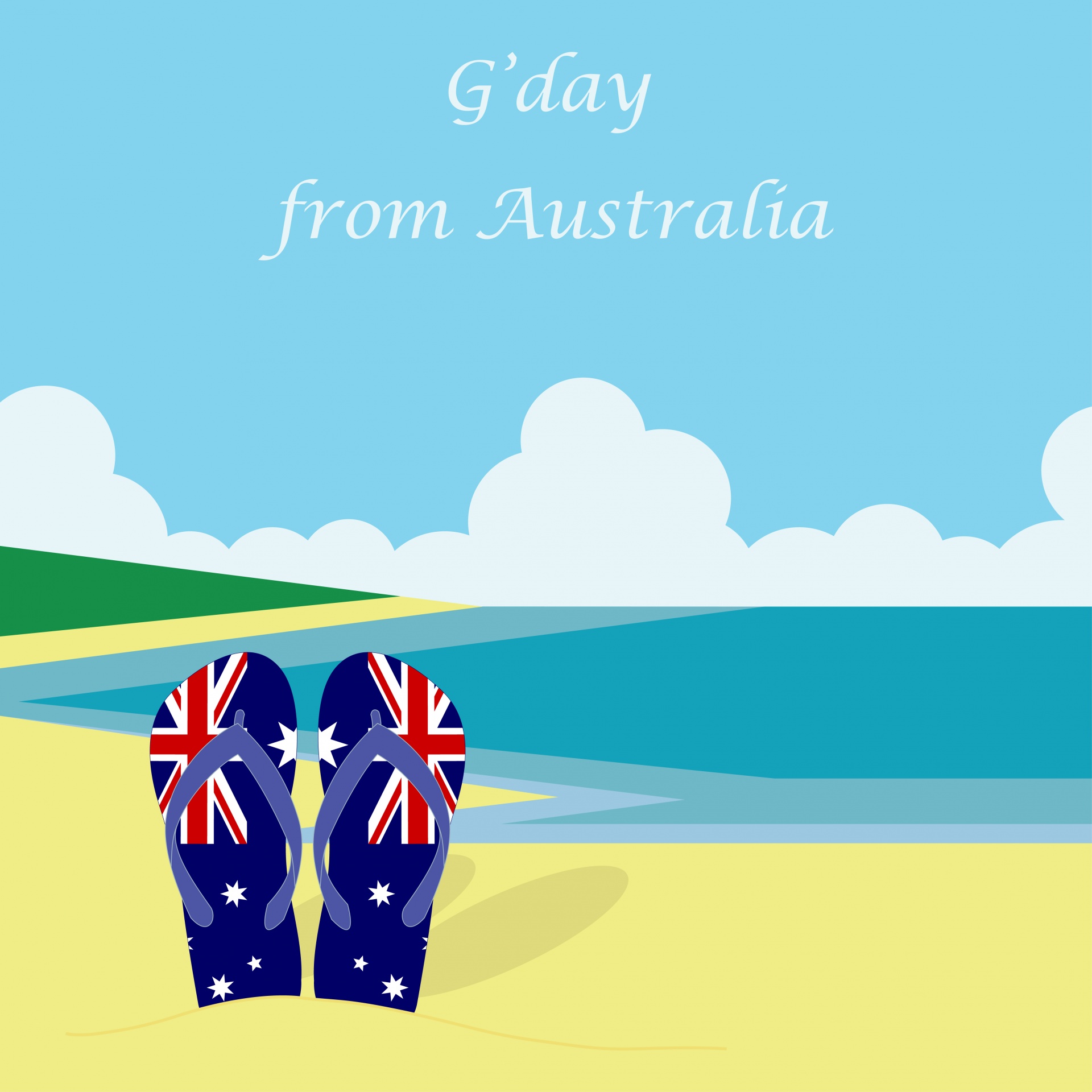 Flip flops, thongs decorated with Australian flag on Bondi beach illustration, poster, print
