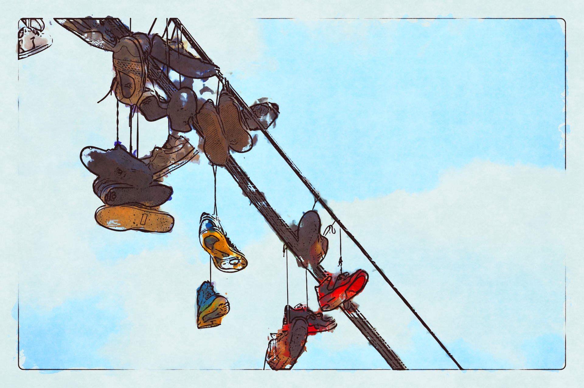 modern art line drawing filter on photograph of tennis shoes hanging on telephone wires