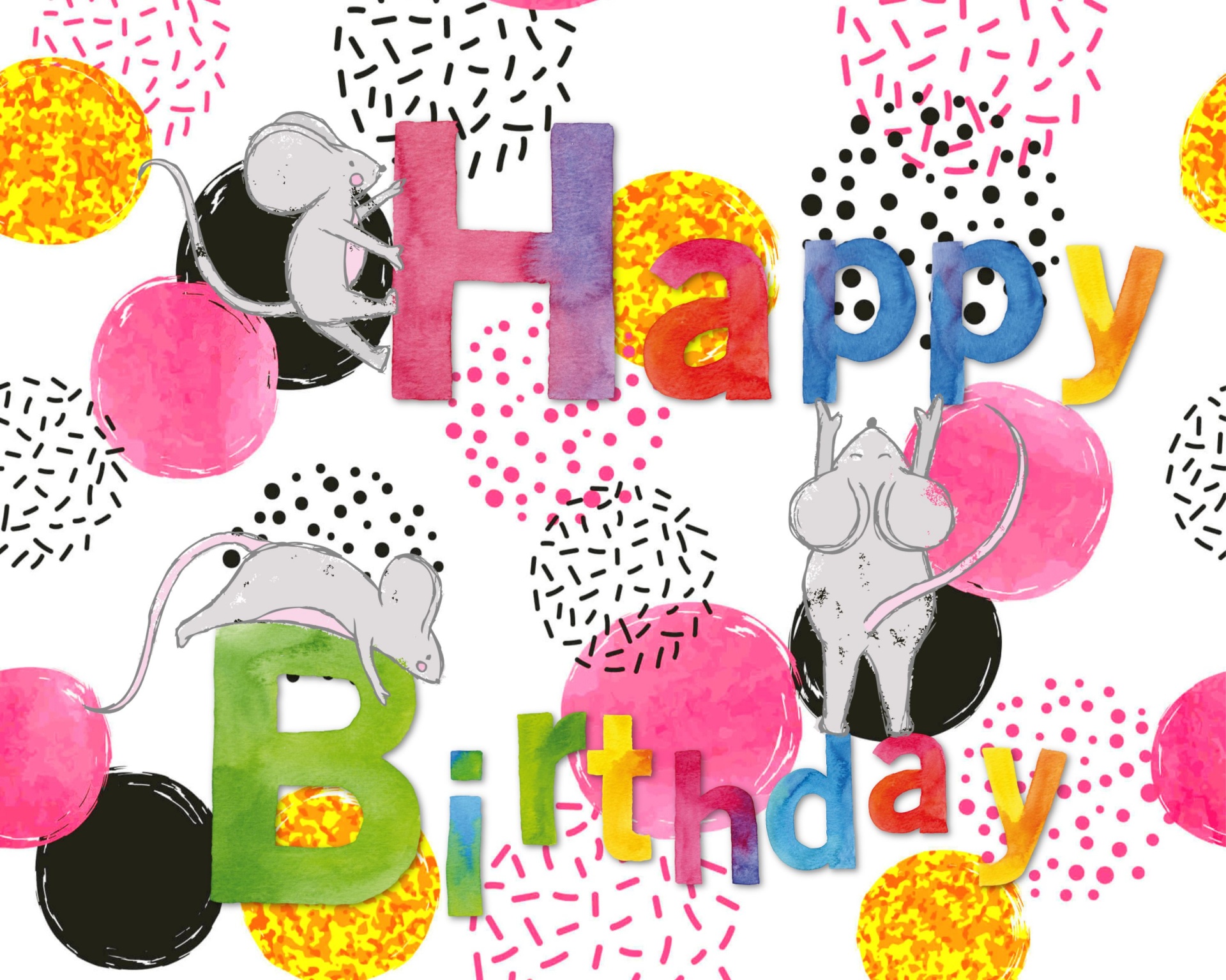 bright happy birthday card featuring cute mice