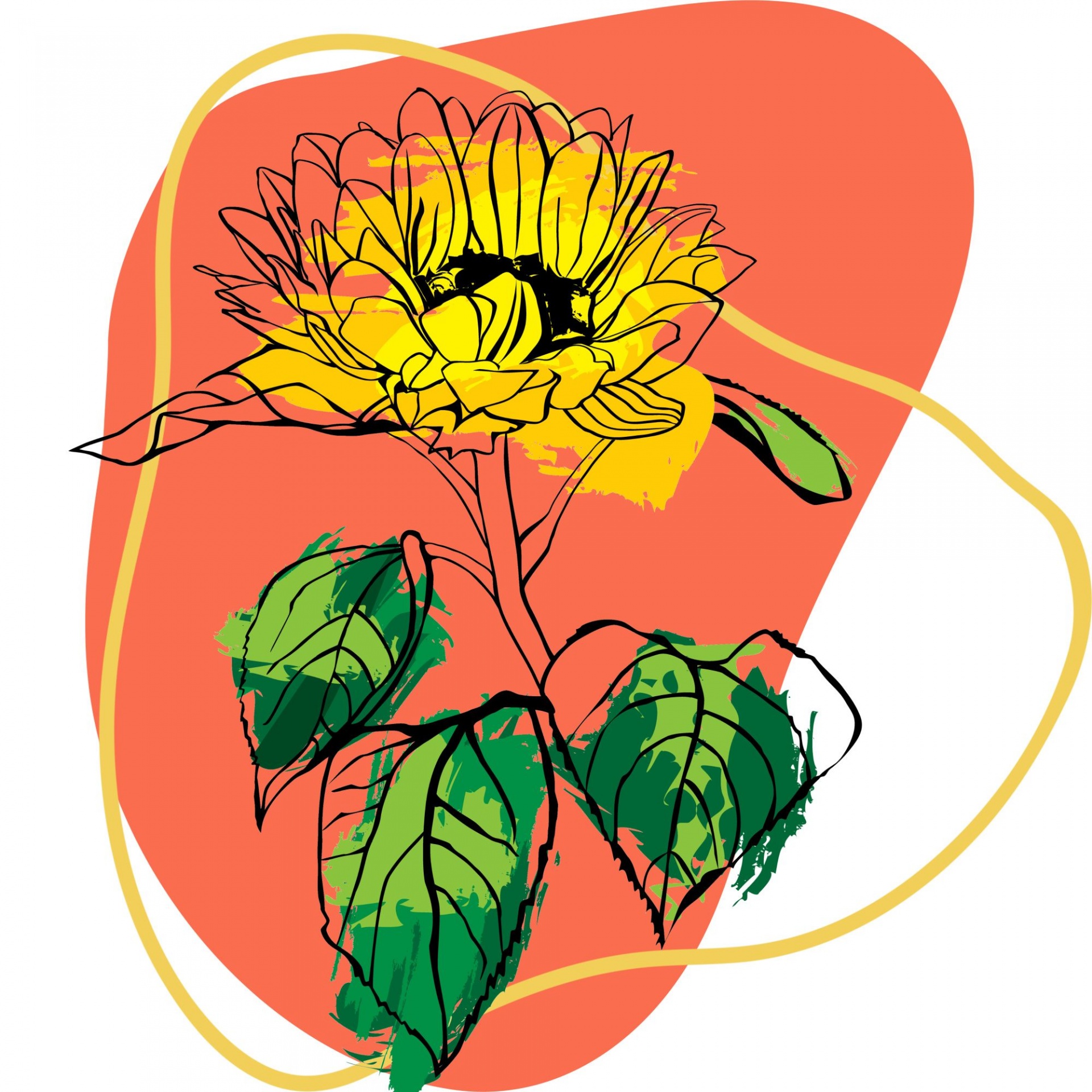 modern art rendition of a line-drawing sunflower on abstract shapes