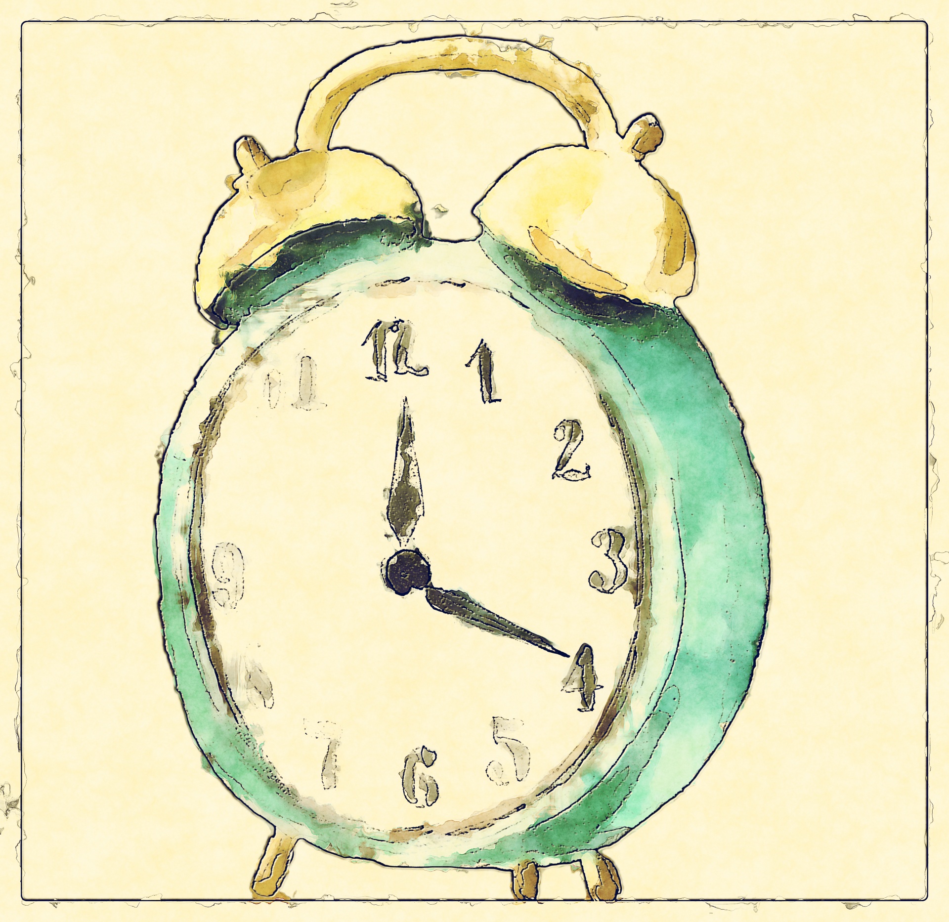 watercolor illustration of an old wind up alarm clock will bells as the sounding alarm