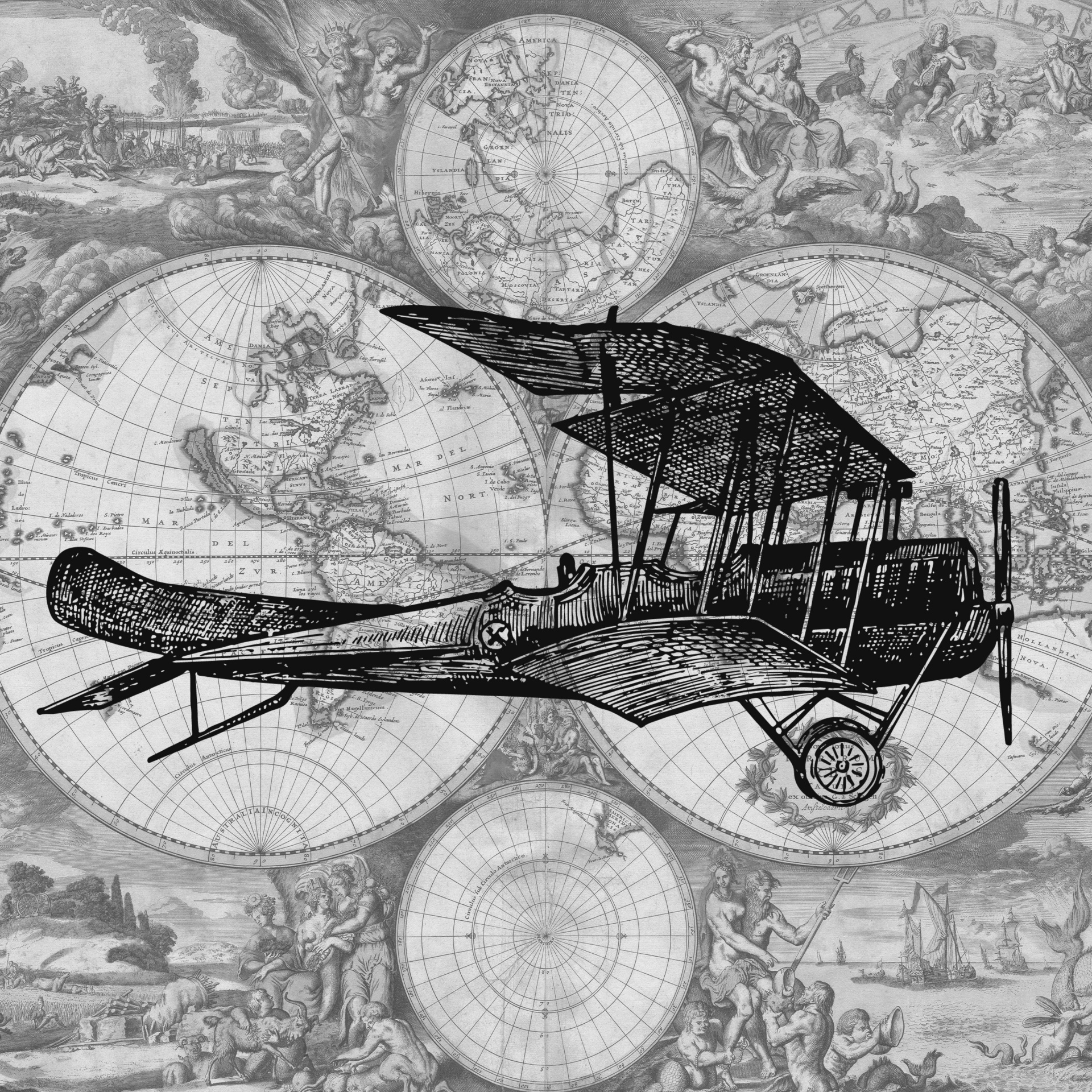 old fashioned plane on a background of globes and heavenly illustrations