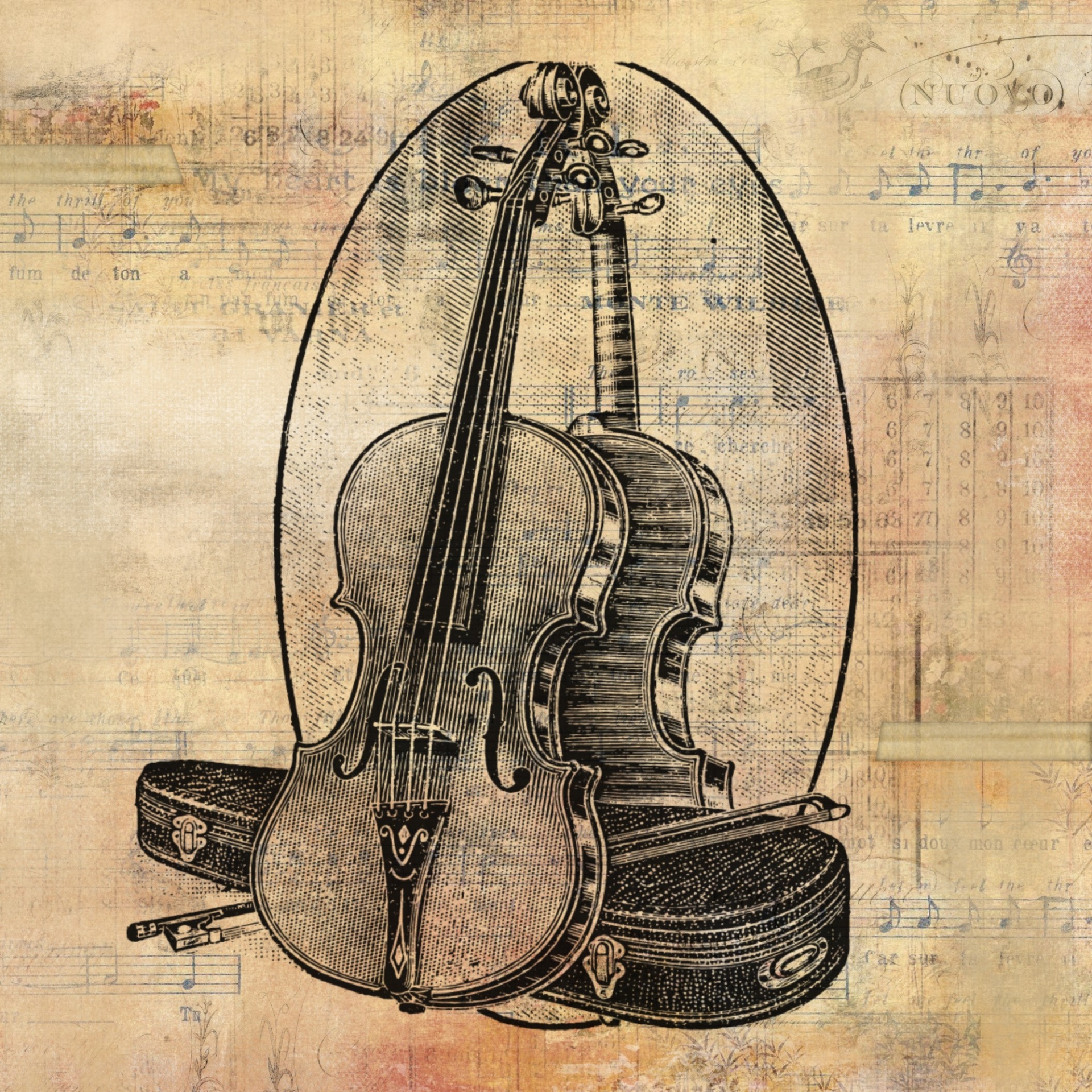 vintage violin illustration on retro sepia newsprint music paper