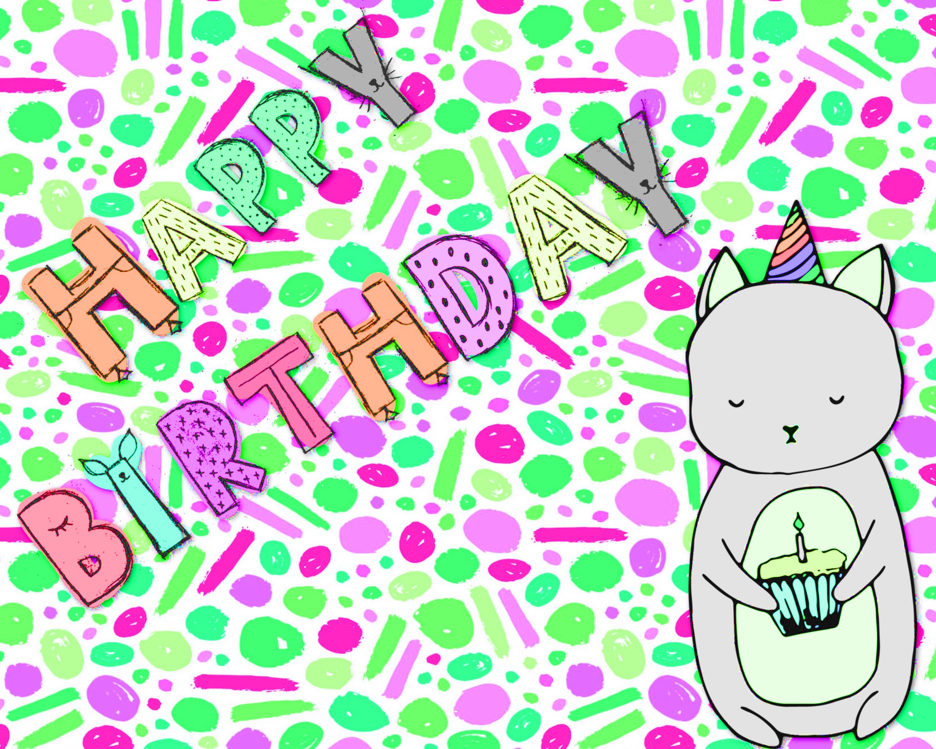 cute cartoon cat with a cupcake and Happy Birthday cartoon letters