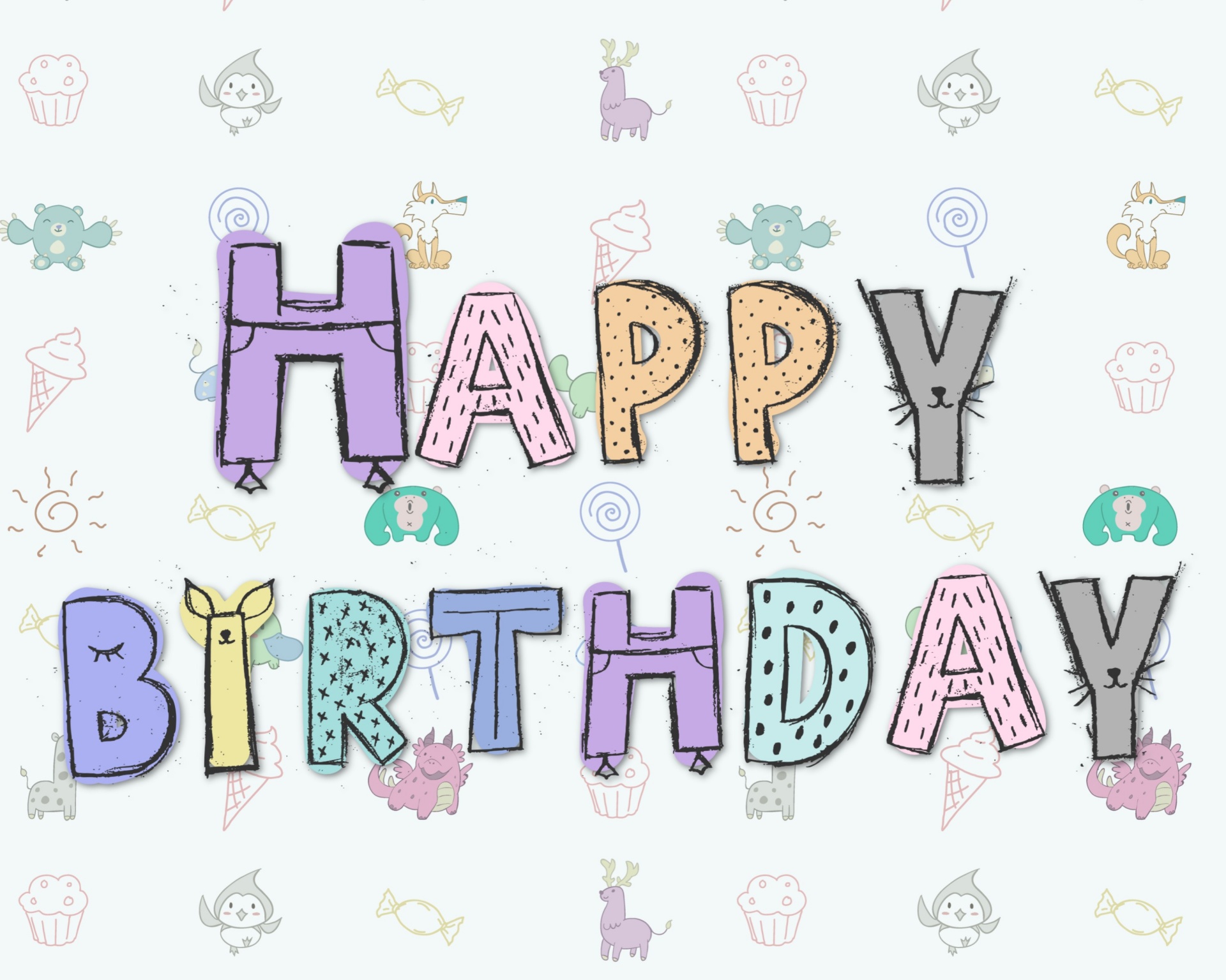 cute cartoon letters spelling out Happy Birthday for Kids