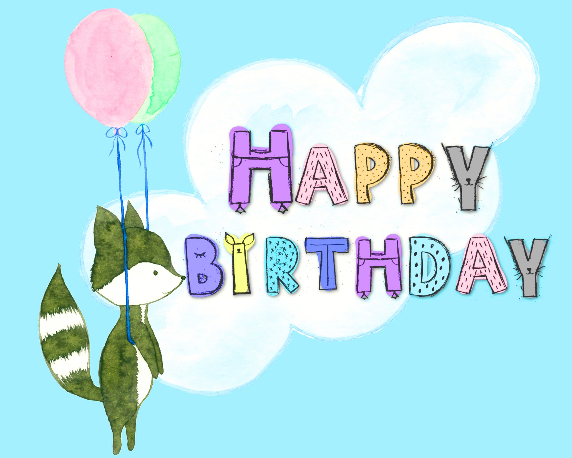 cute raccoon floating away with balloons with cartoon word art spelling HAPPY BIRTHDAY