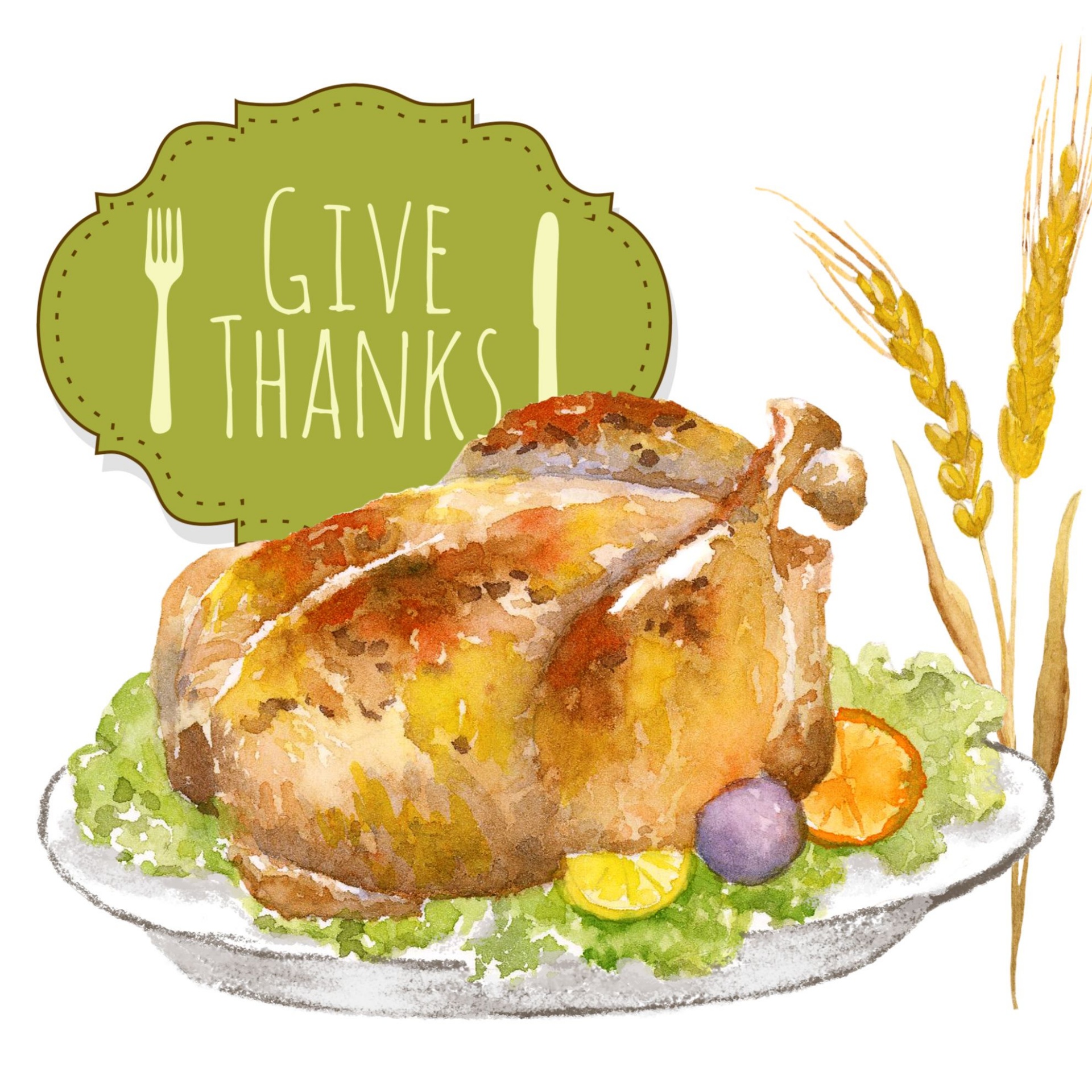 watercolor roasted turkey on a platter with words in a label that read GIVE THANKS