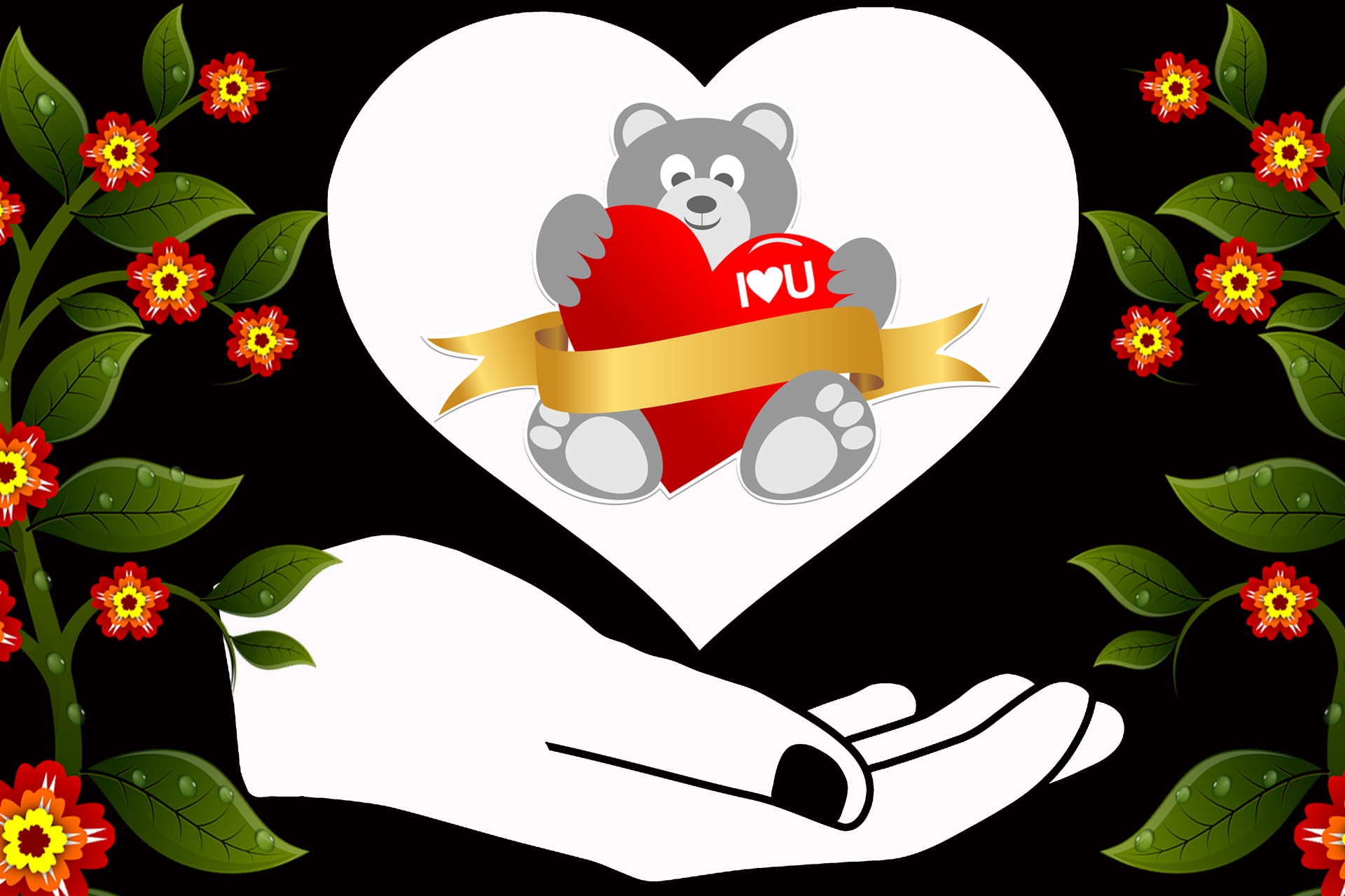 Valentines Flowers Hearts Bear