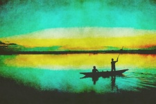 Fishermen Sunrise Painting Vintage