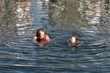 Mother And Child Swimming In Lake