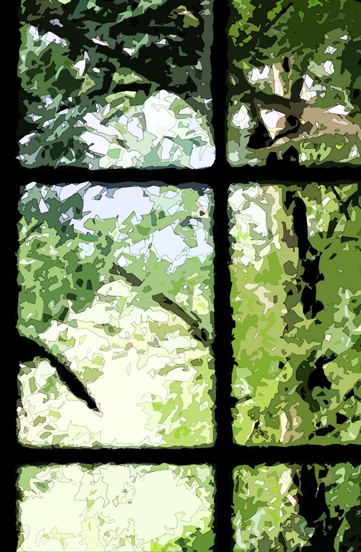 artistic image of view of tree with green leaves outside cottage window