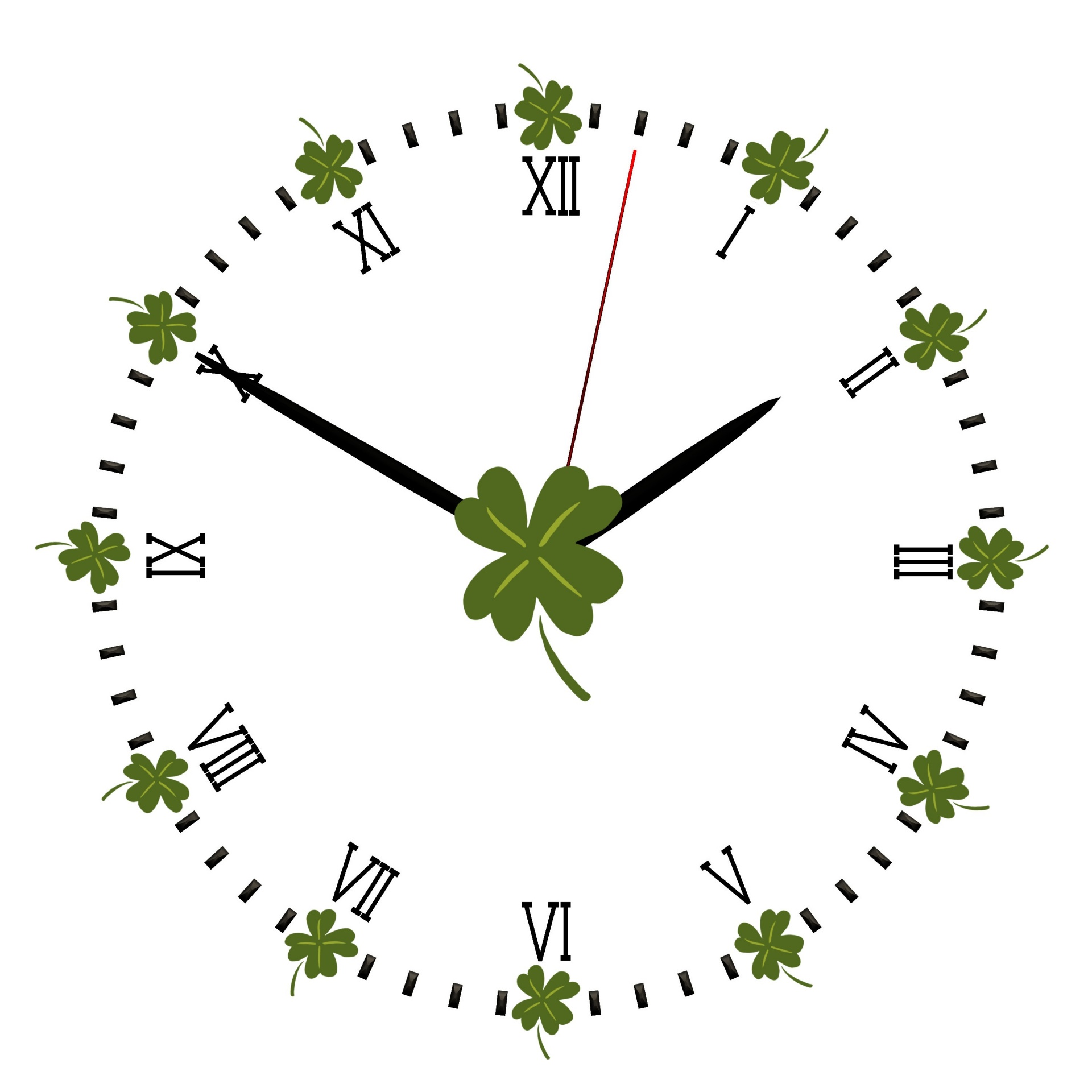 roman numeral clock with four-leaf clovers