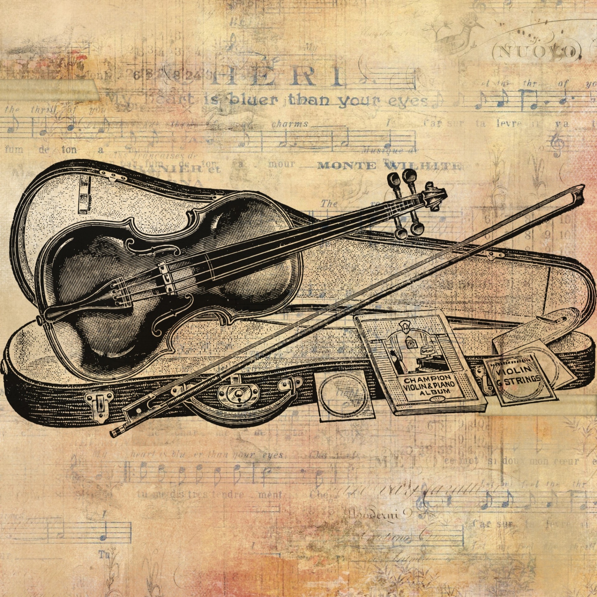 vintage drawing of a violin with a case on a background of sheet music