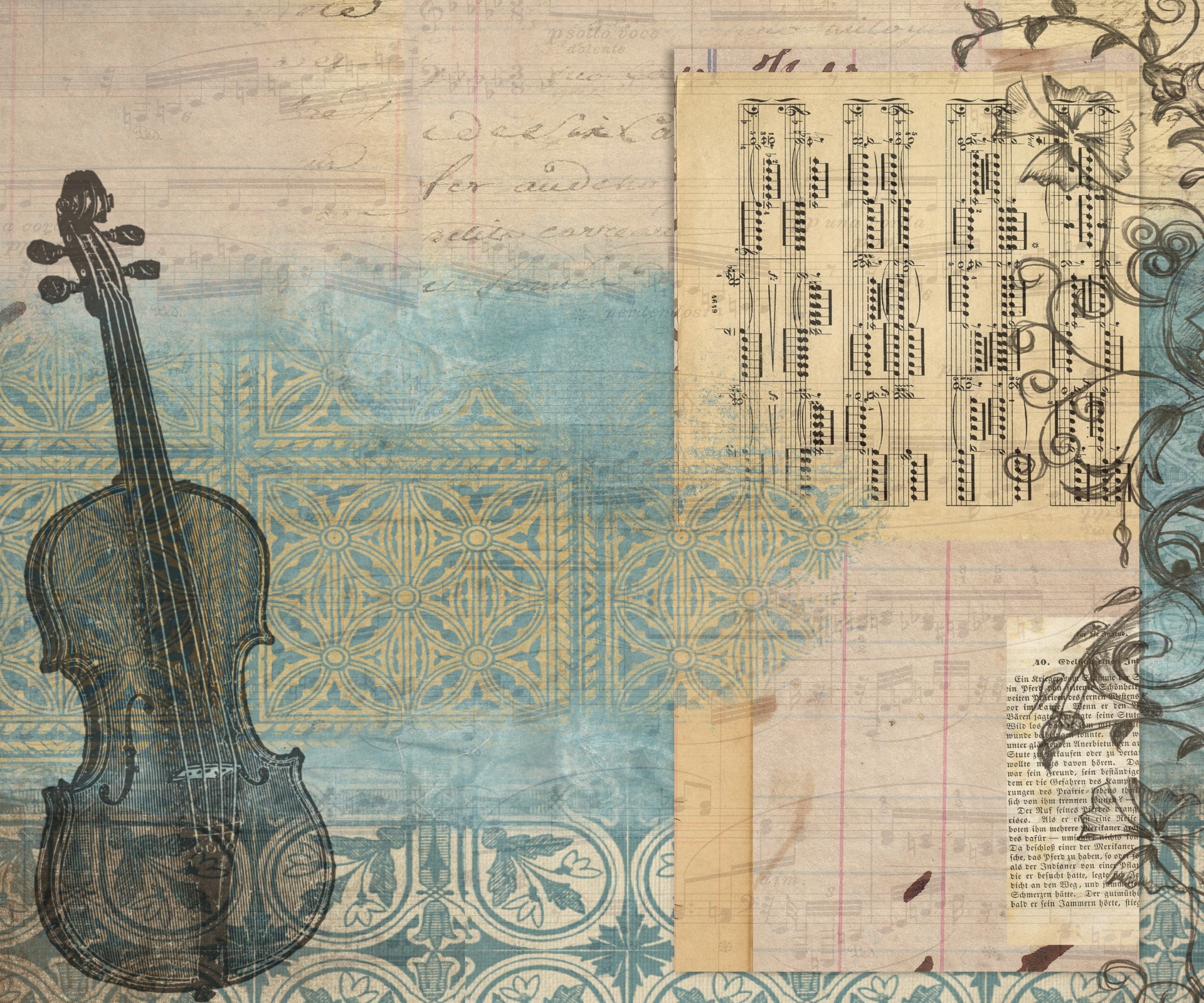 antique collage music paper with a vintage violin