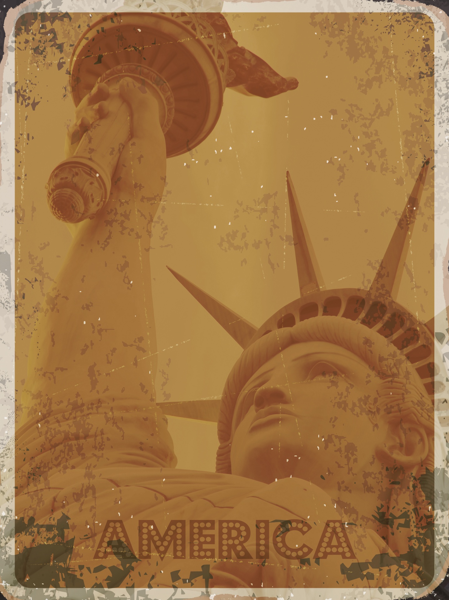 Grunge poster, vintage metal sign of the statue of liberty and text America