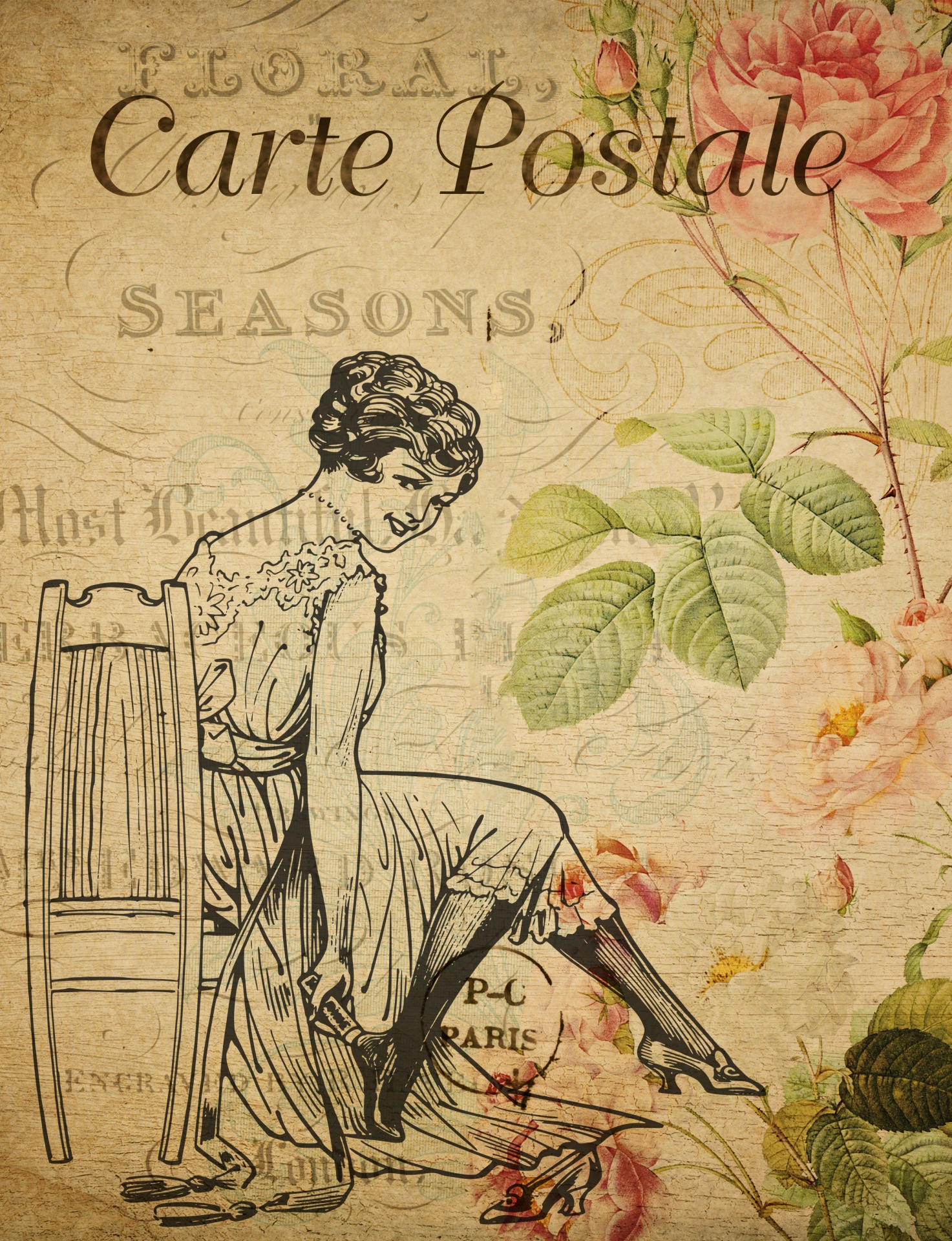 Line art drawing of a saucy victorian lady in her lingerie sitting on chair on old vintage french floral postcard