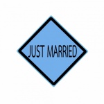 JUST MARRIED Black Stamp Text On Blue