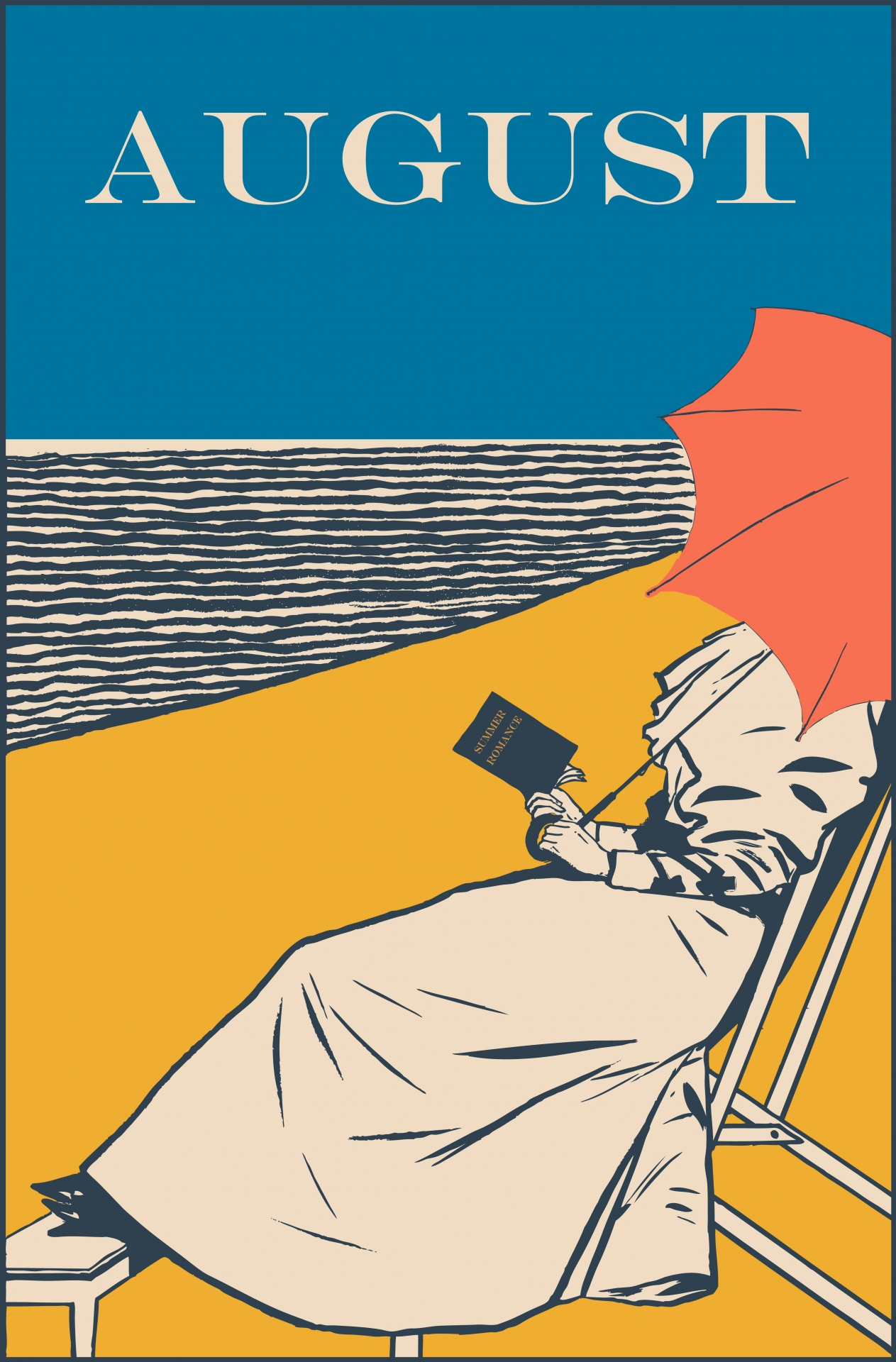Re-worked vintage poster of woman in deckchair reading book on sandy beach with ocean and blue sky poster, print