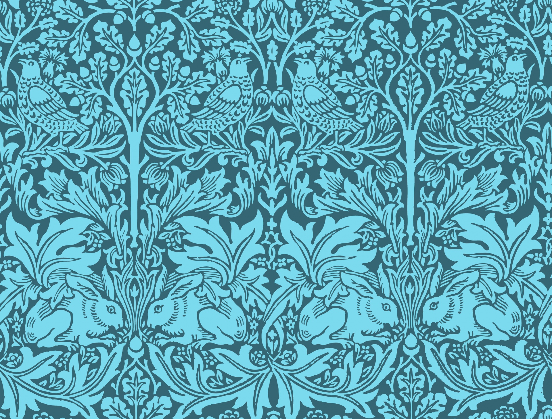 Vintage style wallpaper with birds, rabbits and leaves, modern illustration based on brer rabbit by William Morris