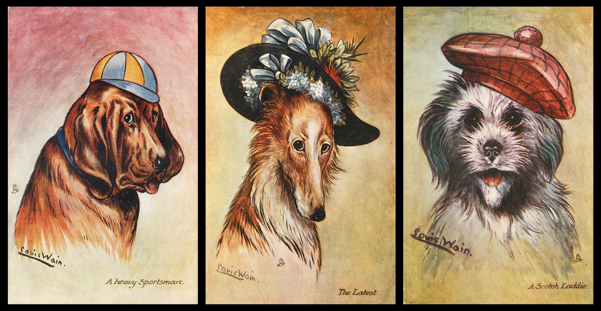 Re-worked triptych poster, print of three cartoon dogs by artist louis wain, bloodhound, cairn terrier and collie all wearing hats