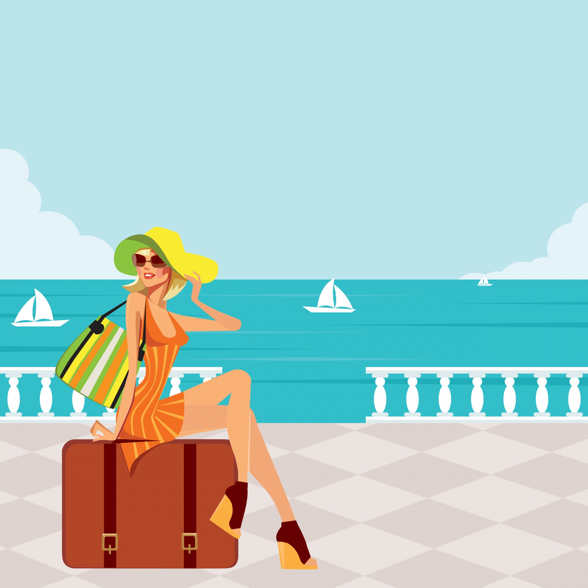 Holiday Woman Sitting On Suitcase