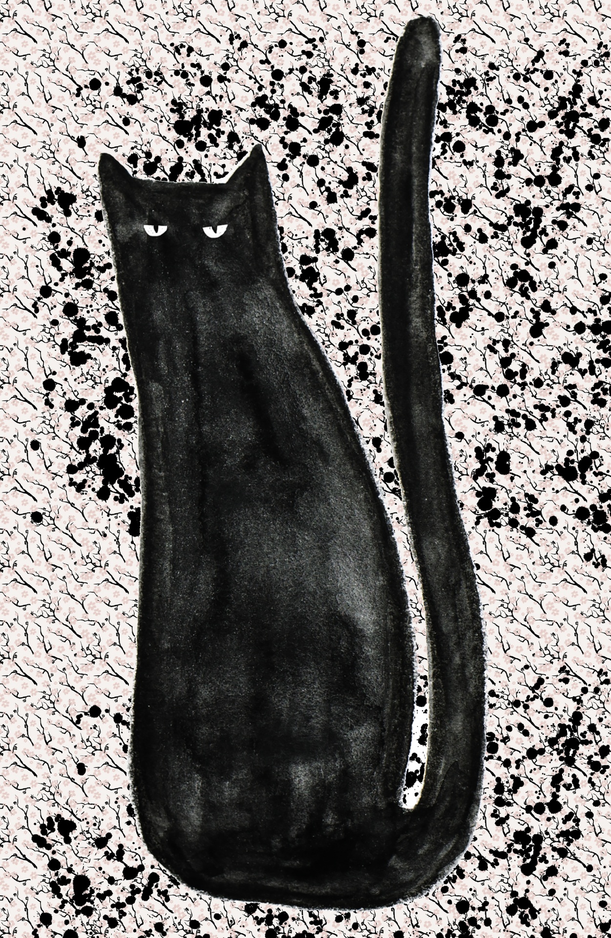 minimalist art of a black cat on black and white textured background