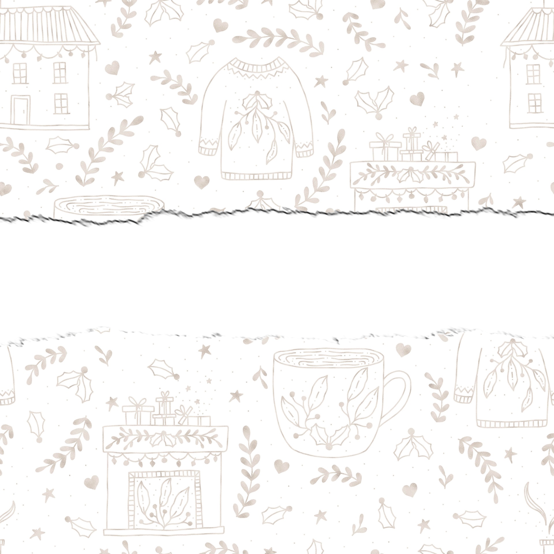 cute Christmas line art illustrations paper with a blank horizontal grunge line to write your own greeting