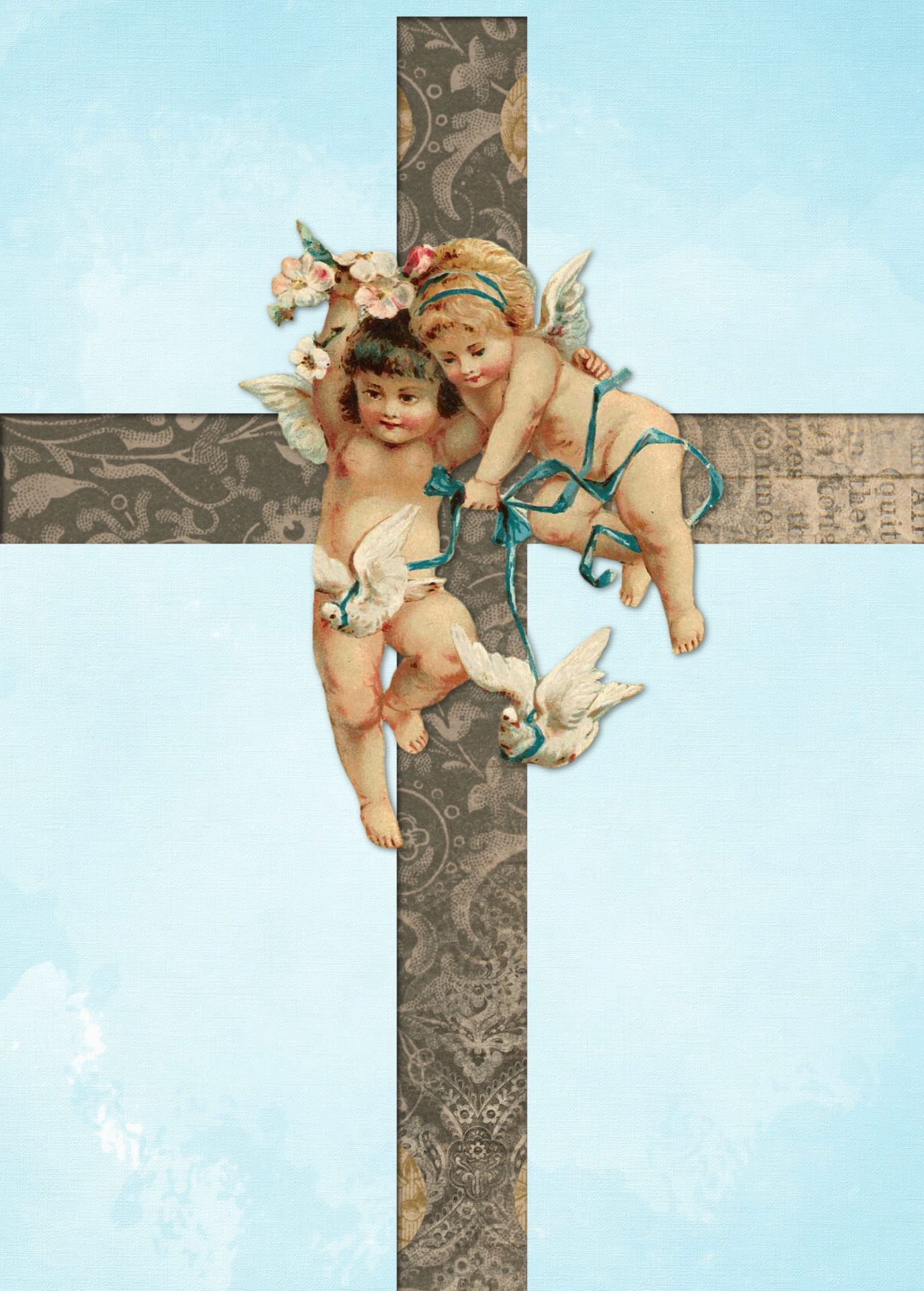 vintage illustration of two little children angels on a cross placed on a blue sky with wispy clouds