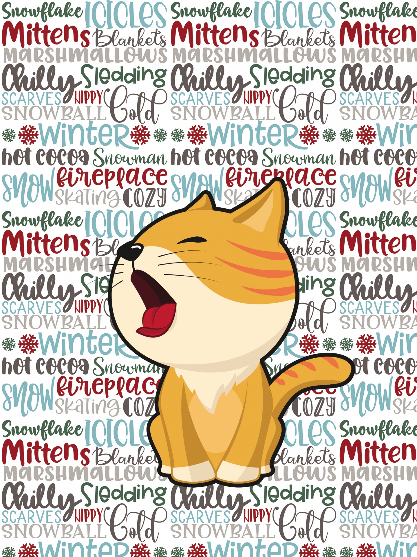 cute cartoon cat meowing on a background of winter words