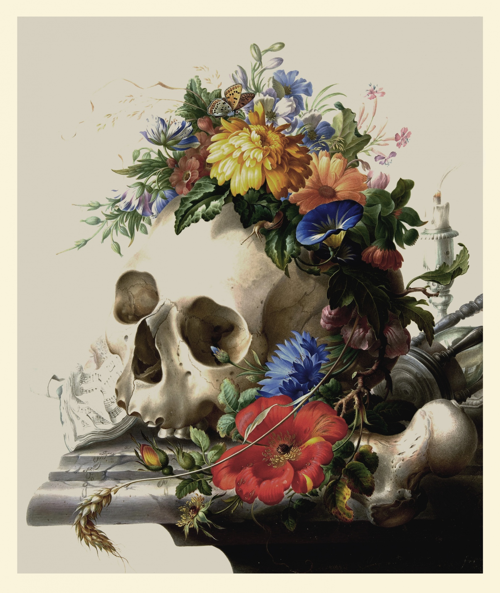 Skull, Flowers Still Life