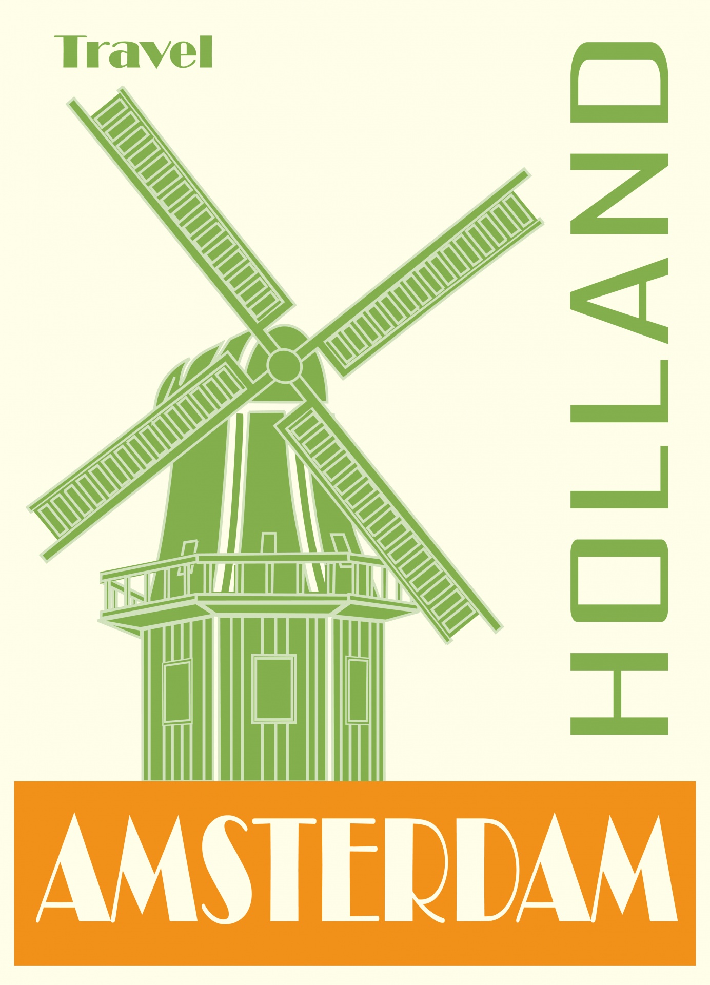 Retro, vintage style yet modern and fresh travel poster for Amsterdam, Holland