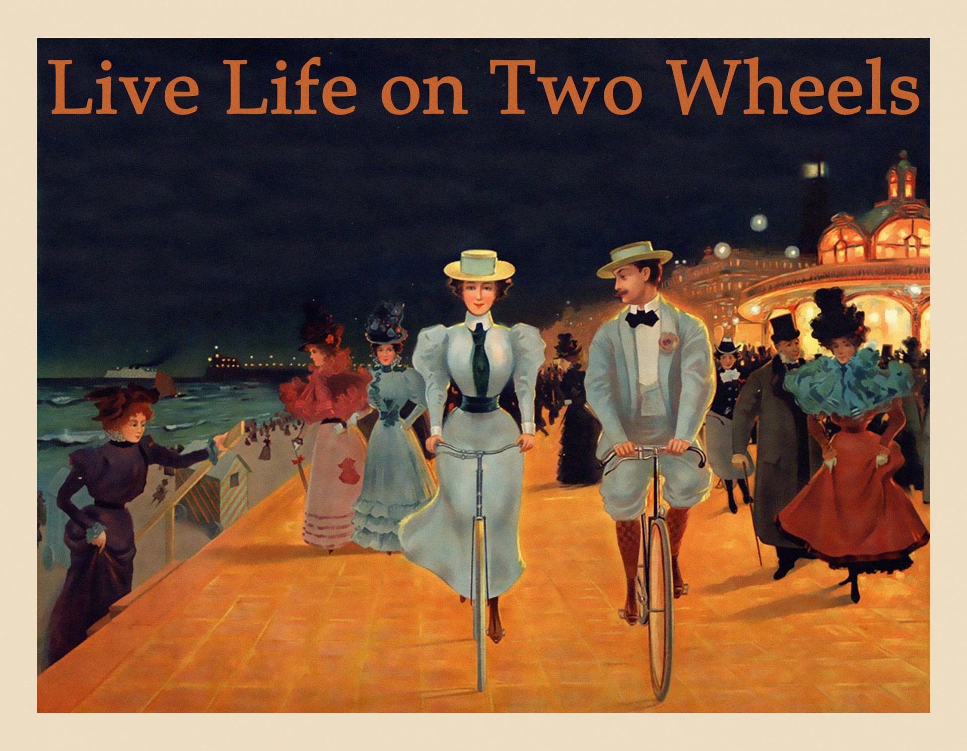 Retro vintage cycling couple with Live Life on Two Wheels text, poster, print