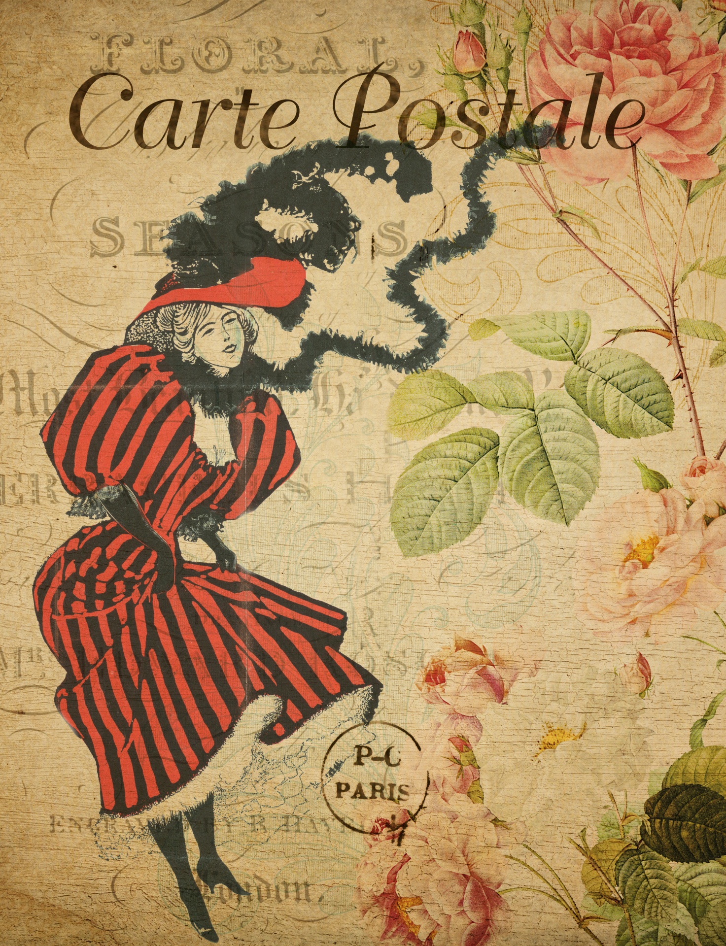 Vintage Woman Floral Postcard