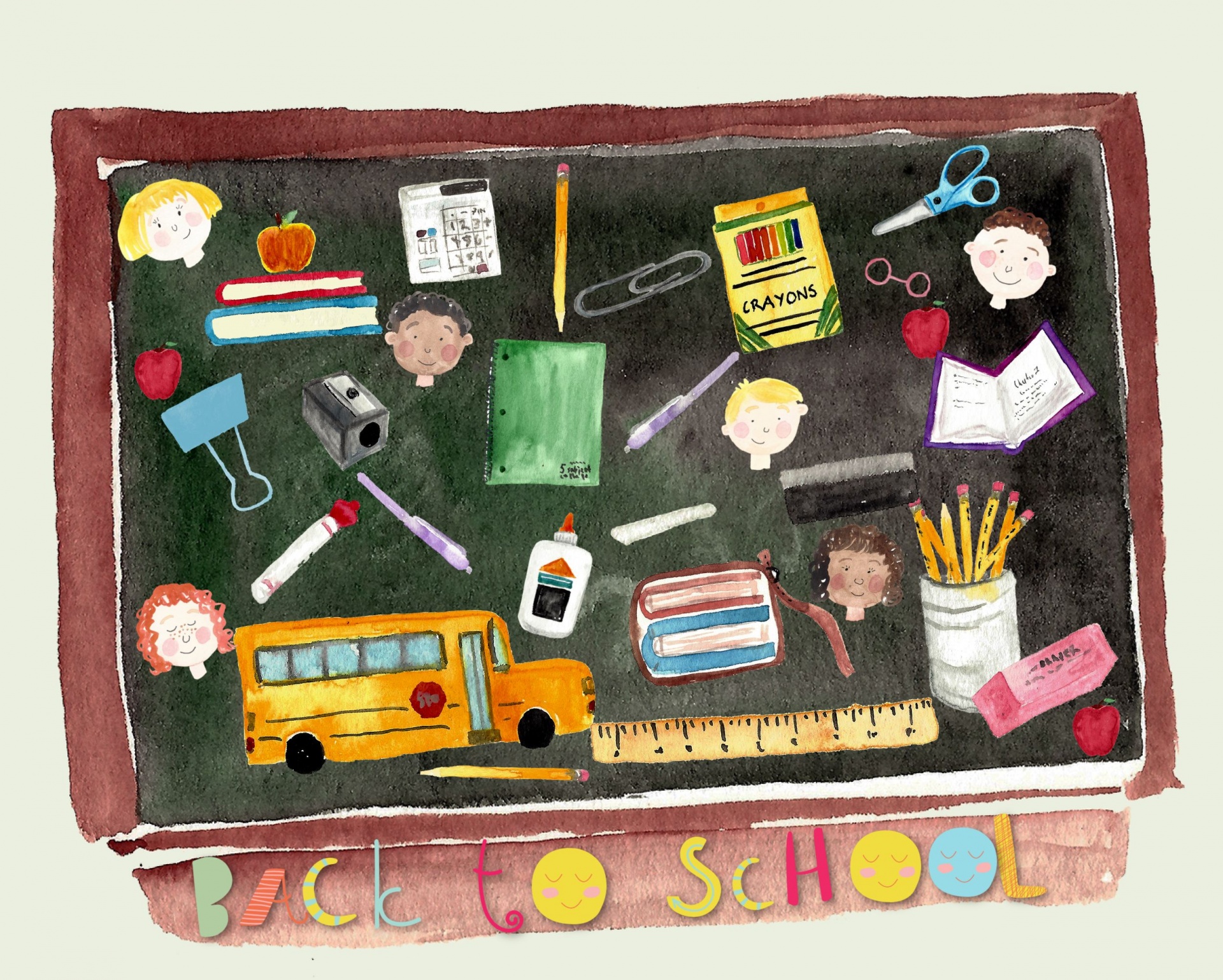 chalkboard with watercolor images of school supplies and happy children