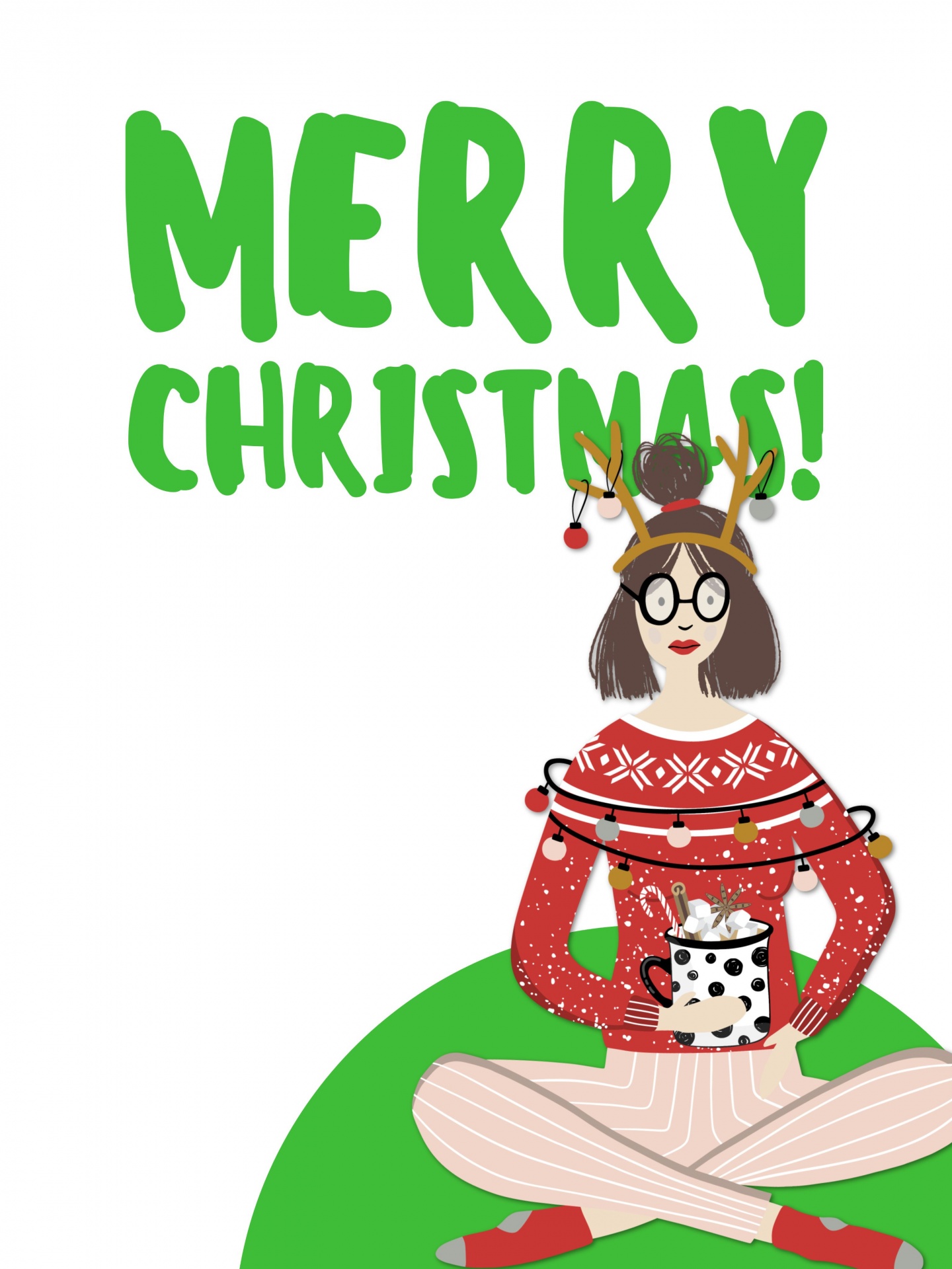 Christmas Illustration with Merry Christmas Greeting Featuring a woman sitting cross-legged with mod clothing