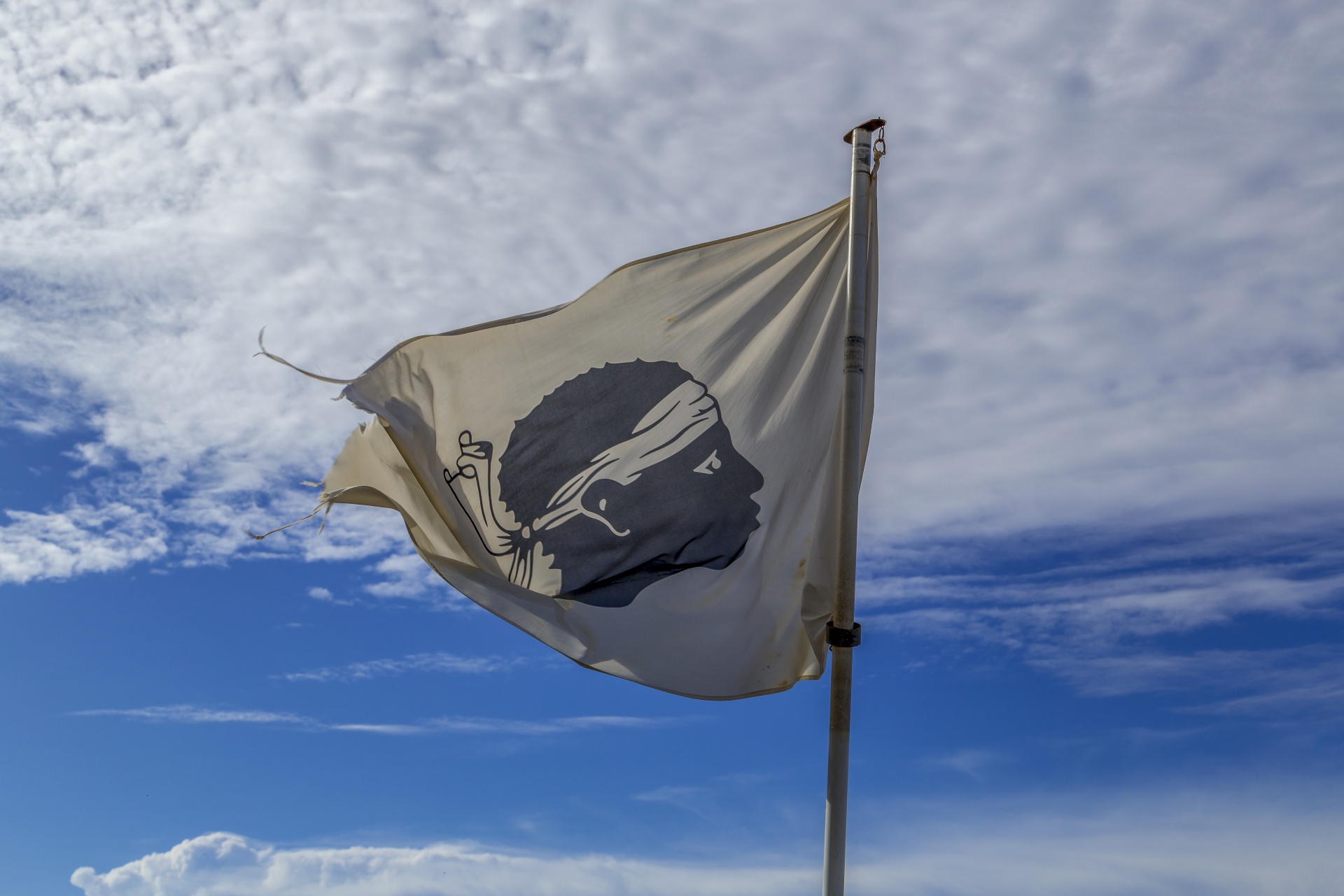 Flag of Corsica was adopted by General of the Nation Pasquale Paoli in 1755 and was based on a traditional flag used previously. It portrays a Moor's head in black wearing a white bandana above his eyes on a white background.