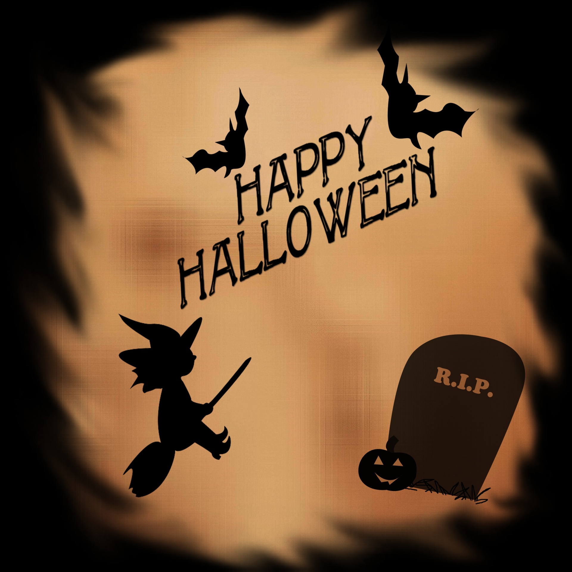 Poster design with the words Happy Halloween and drawings in black on a red background