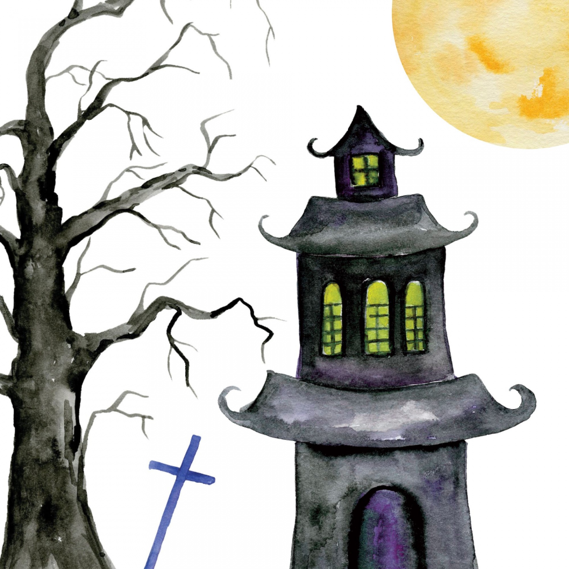 watercolor illustration of a haunted house next to a dead tree with a crucifix next to it