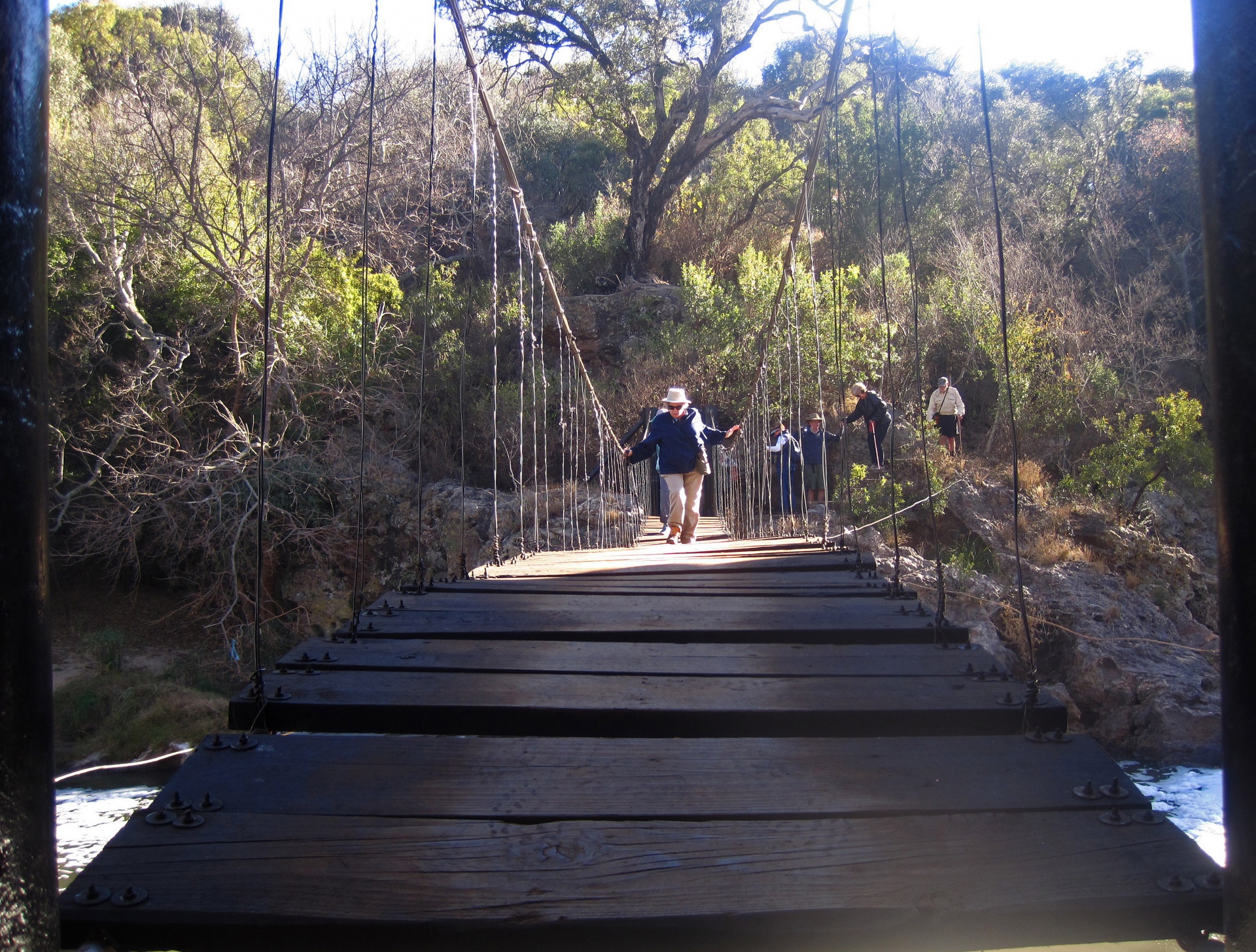 Hikers On Suspension Bridge