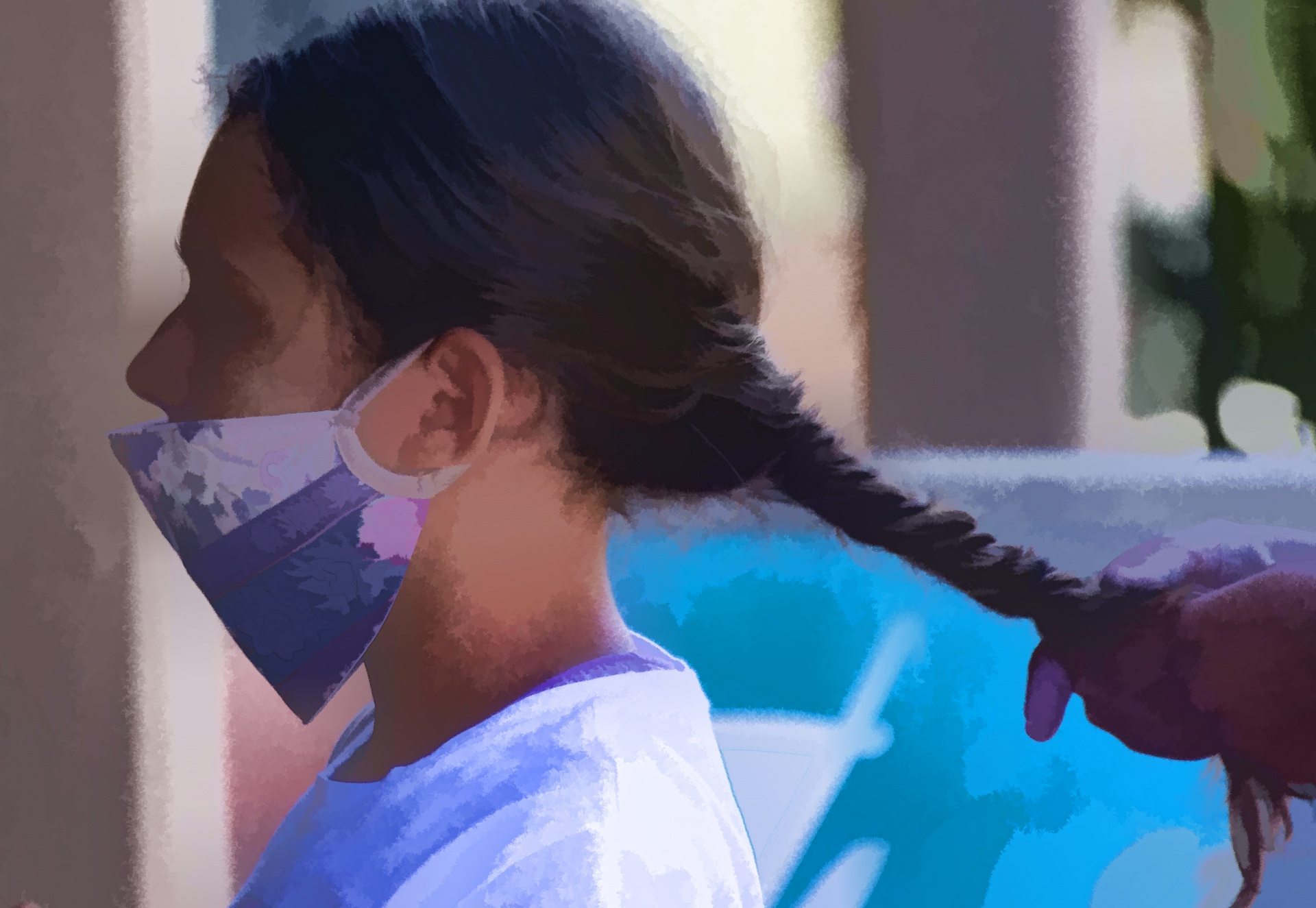 artistic illustration of a profile of a tween wearing a mask and getting her hair braided