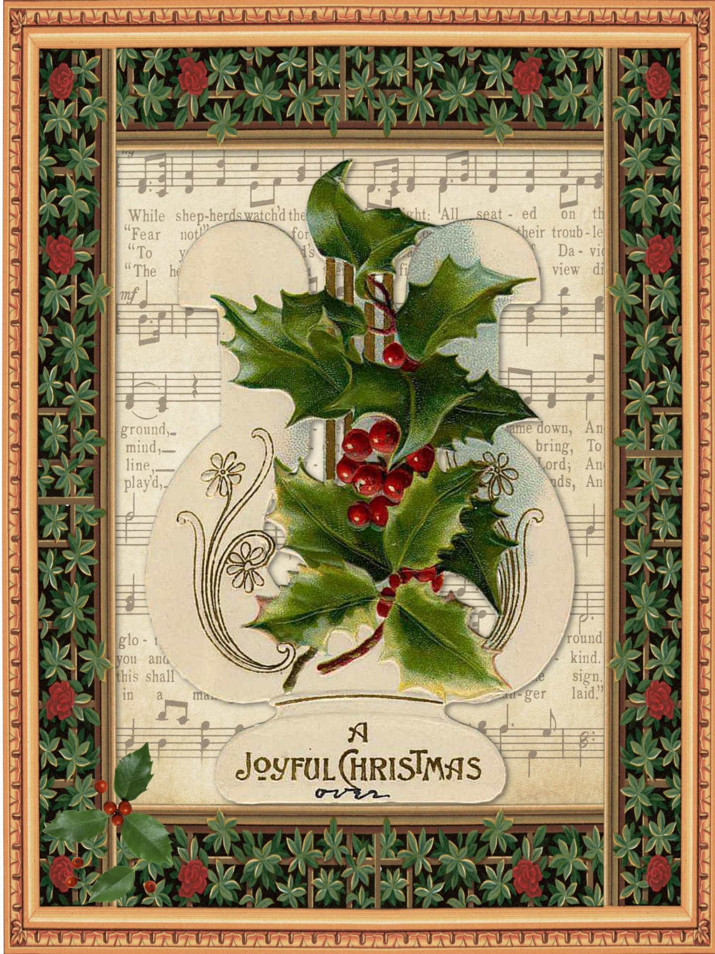 Christmas Greeting Card featuring holly with berries on a harp