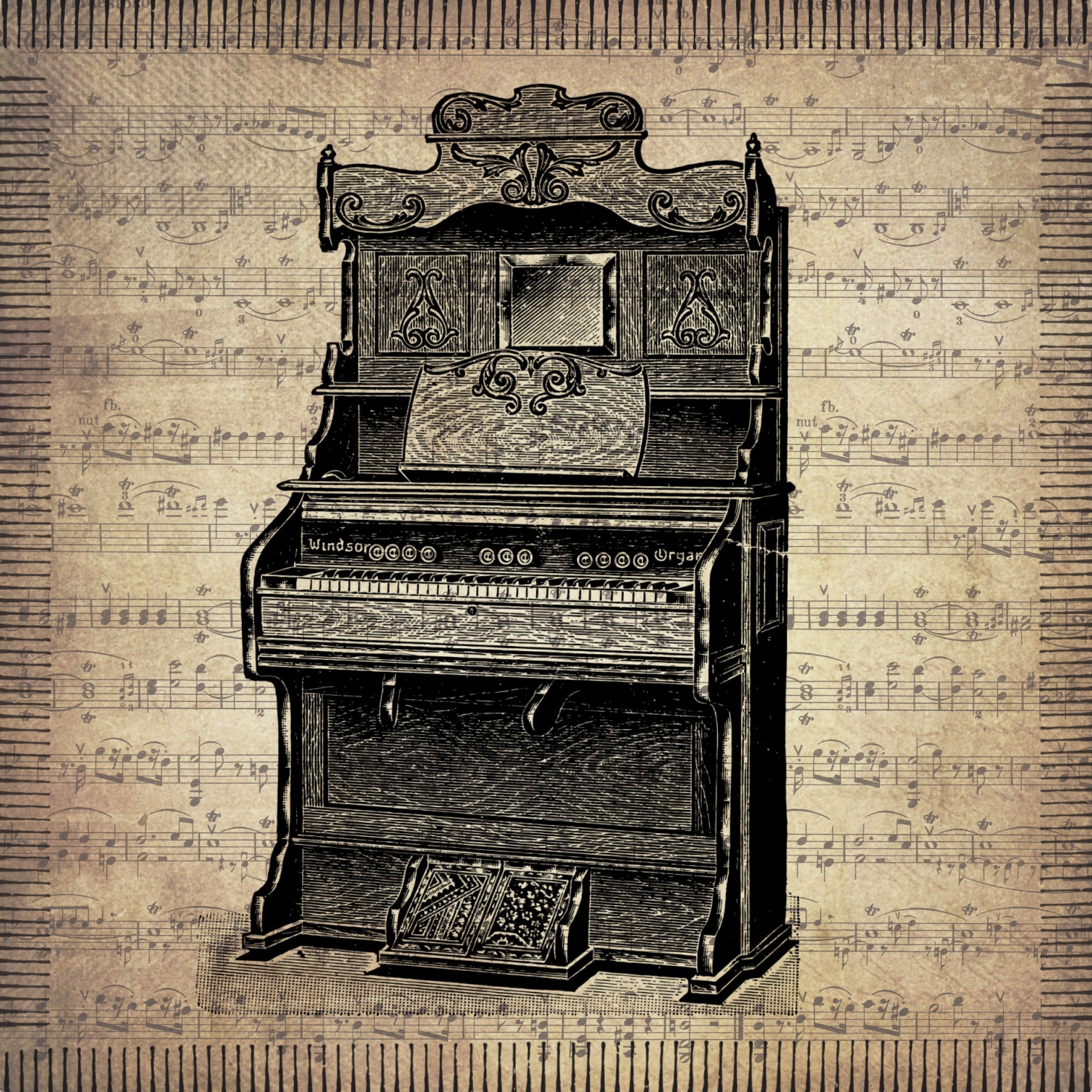illustration of an upright piano on sheet music sepia colored background