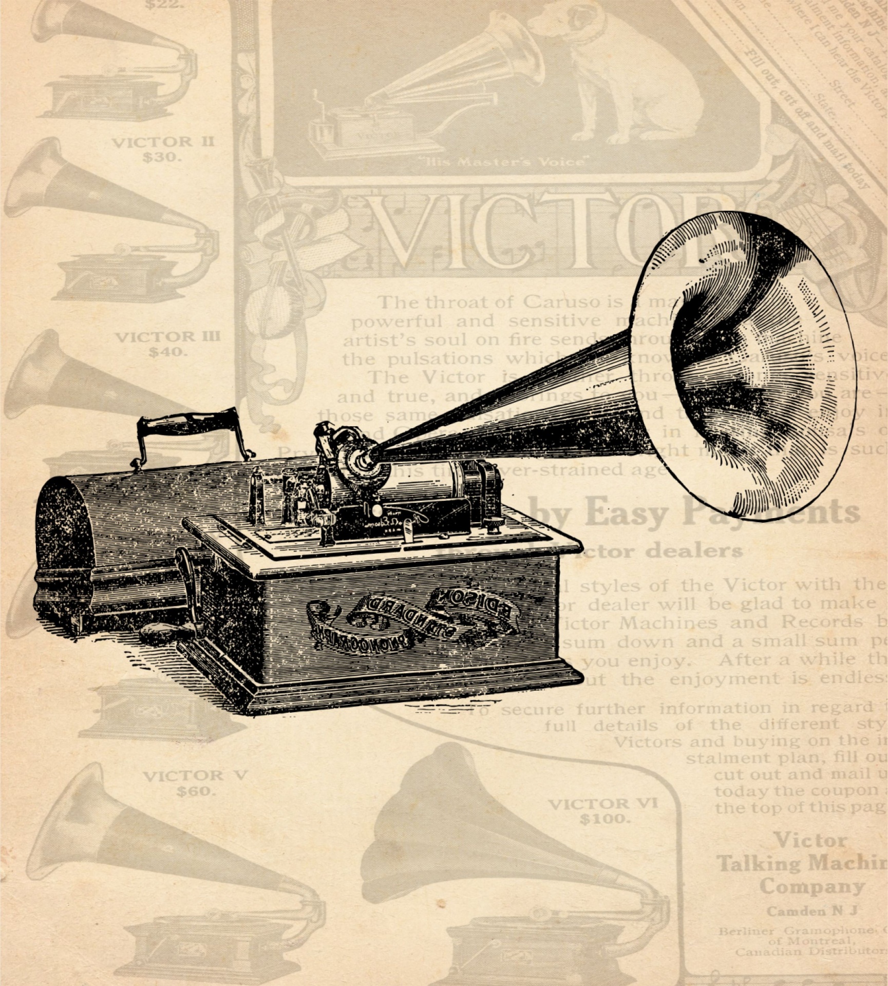 image of antique gramophone on newsprint background