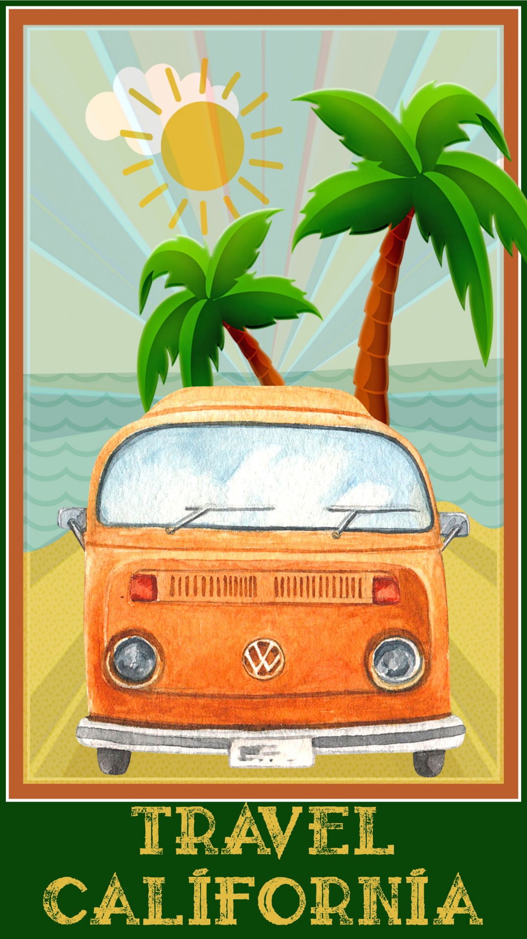 watercolor travel poster featuring a vintage VW bus on a backdrop of a tropical beach and rays
