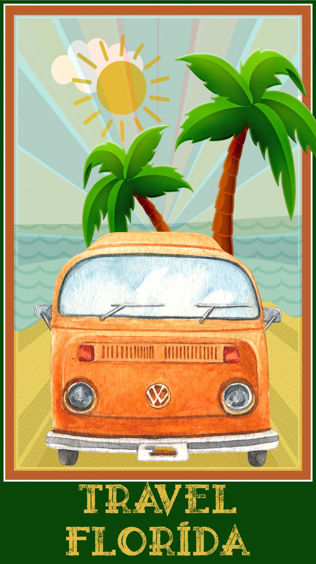 watercolor travel poster featuring a vintage VW bus on a backdrop of a tropical beach and rays